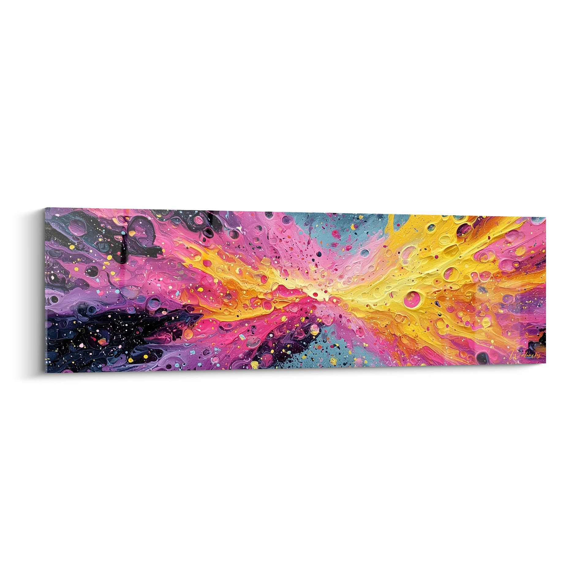 Explosion abstraite fuchsia et jaune aux éclats noirs, style peinture abstrait sur toile panoramique