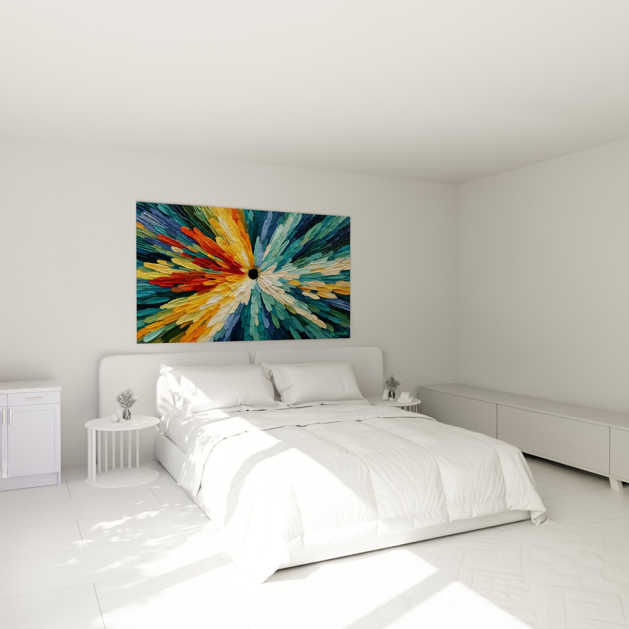 Gerbe colorée bleu sarcelle et orange brûlé du style Peinture abstrait au-dessus d'un lit dans une chambre claire