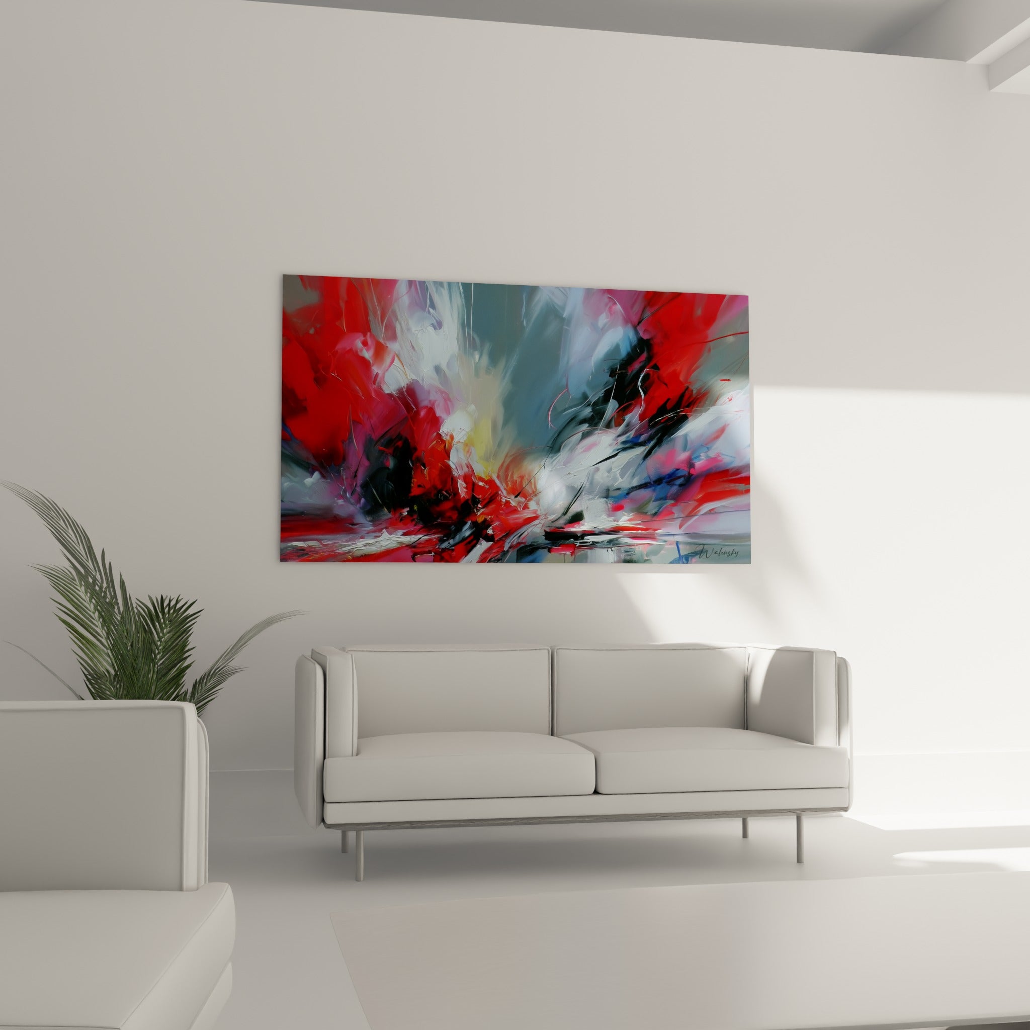 Peinture abstraite rouge vif et bleu pastel au geste nerveux, au-dessus d'un canapé dans un salon lumineux