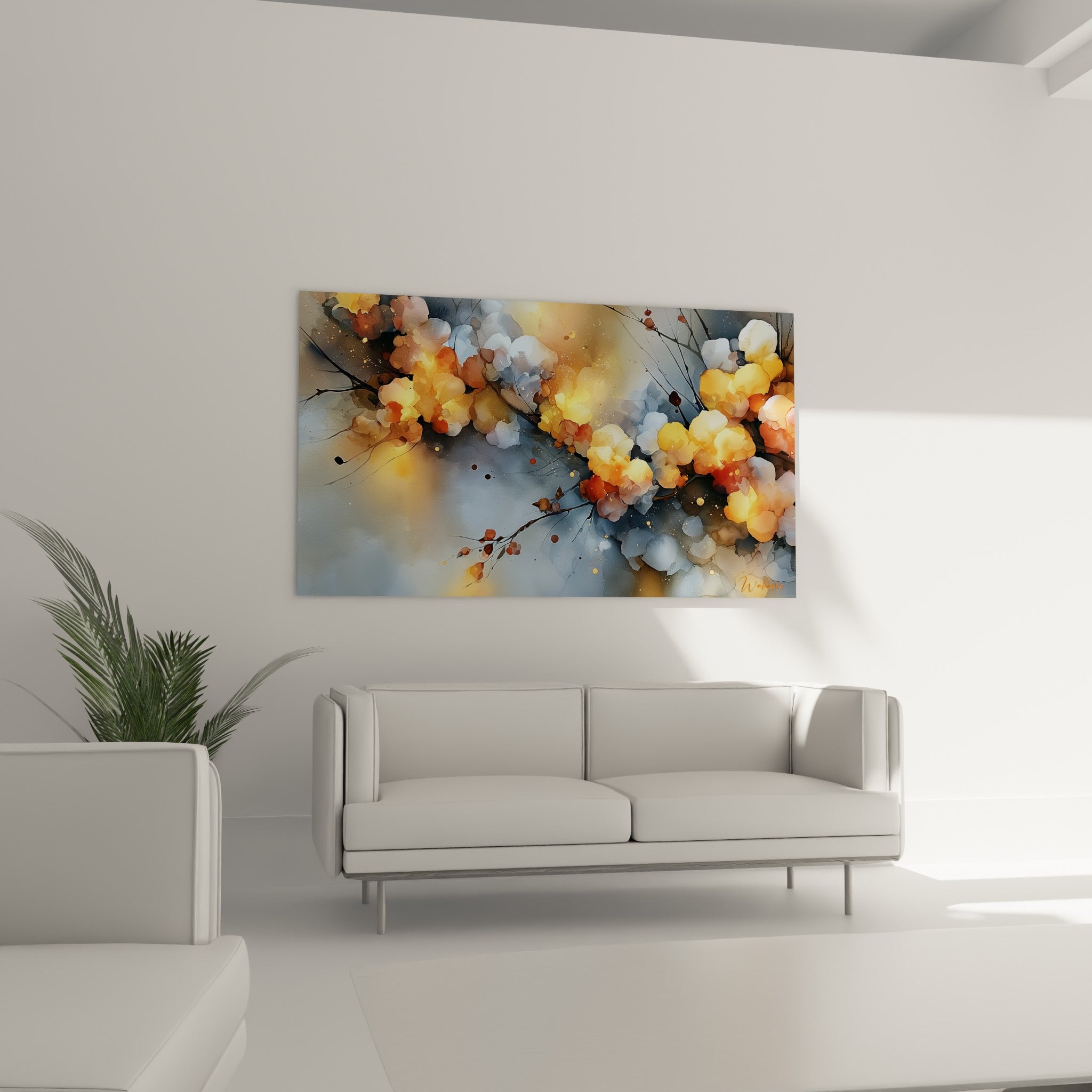 Grappes florales dorées et bleu gris en aquarelle libre, disposées au-dessus d'un canapé dans un salon lumineux