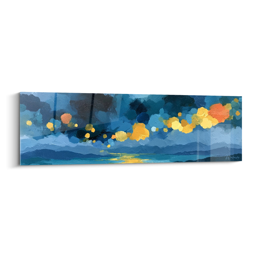 Tableau Horizon marin bleu et doré lumineux - Lueurs du soir - Edition style Peinture abstrait