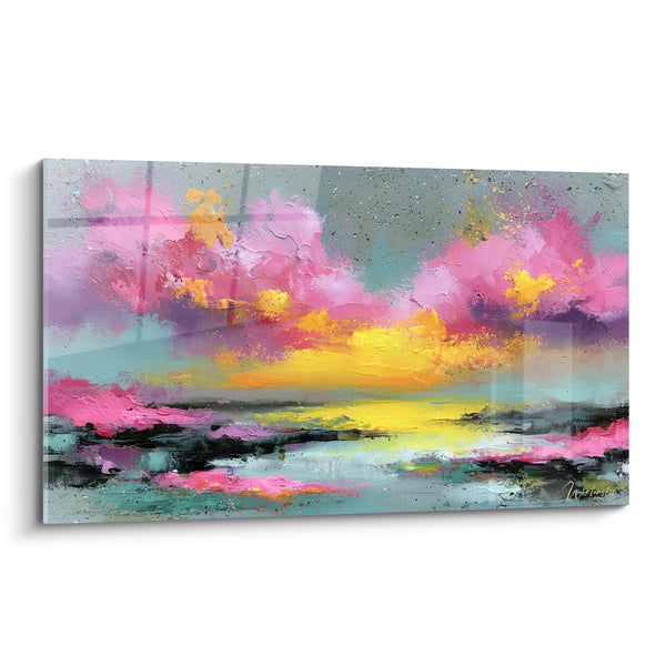 Tableau Nuée rose et jaune au dessus d'un rivage sombre - Éclats de lumière dorée - Edition style Peinture abstrait