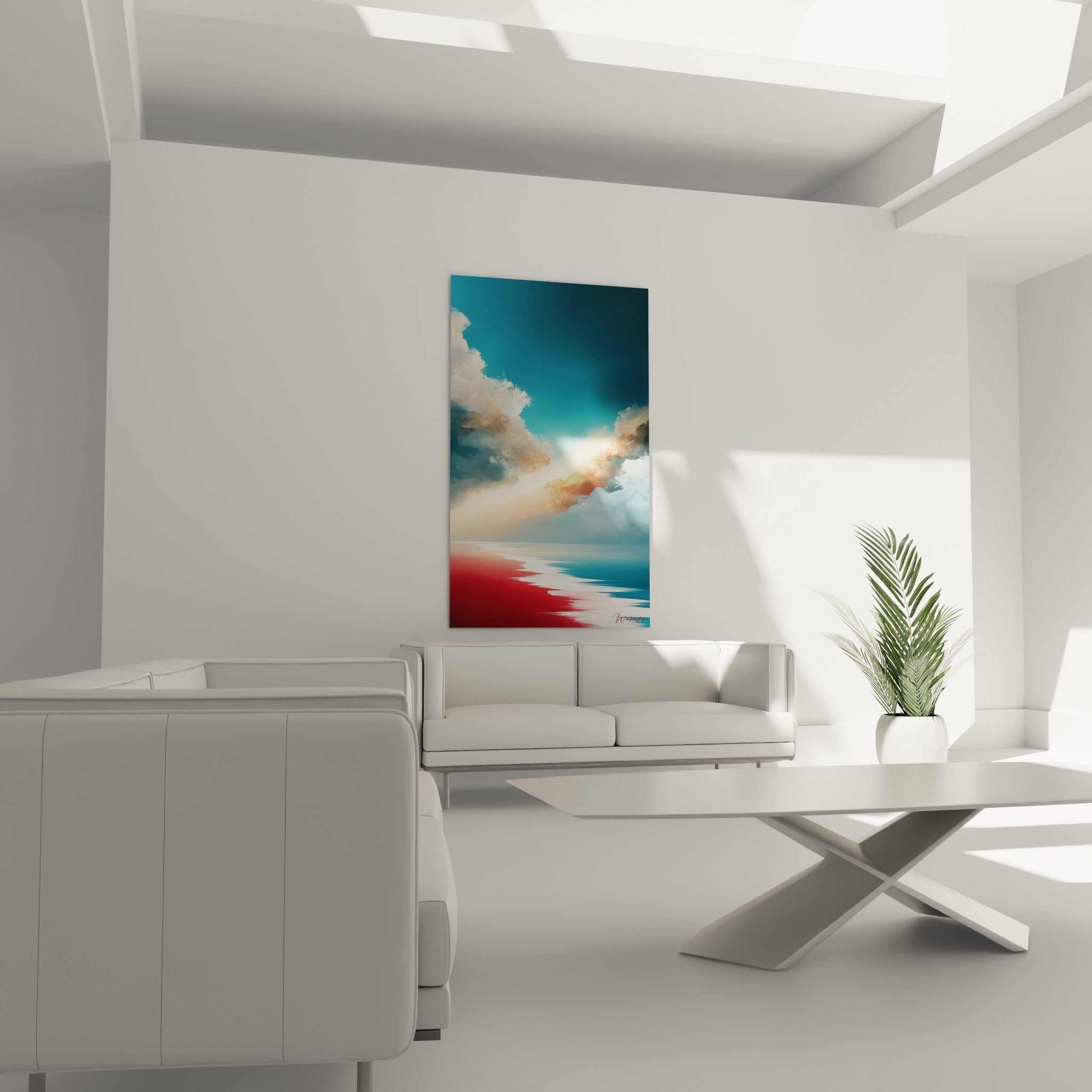 Nuages ocre et bleu marine traversés de lumière, installés au-dessus d'un canapé dans un salon lumineux