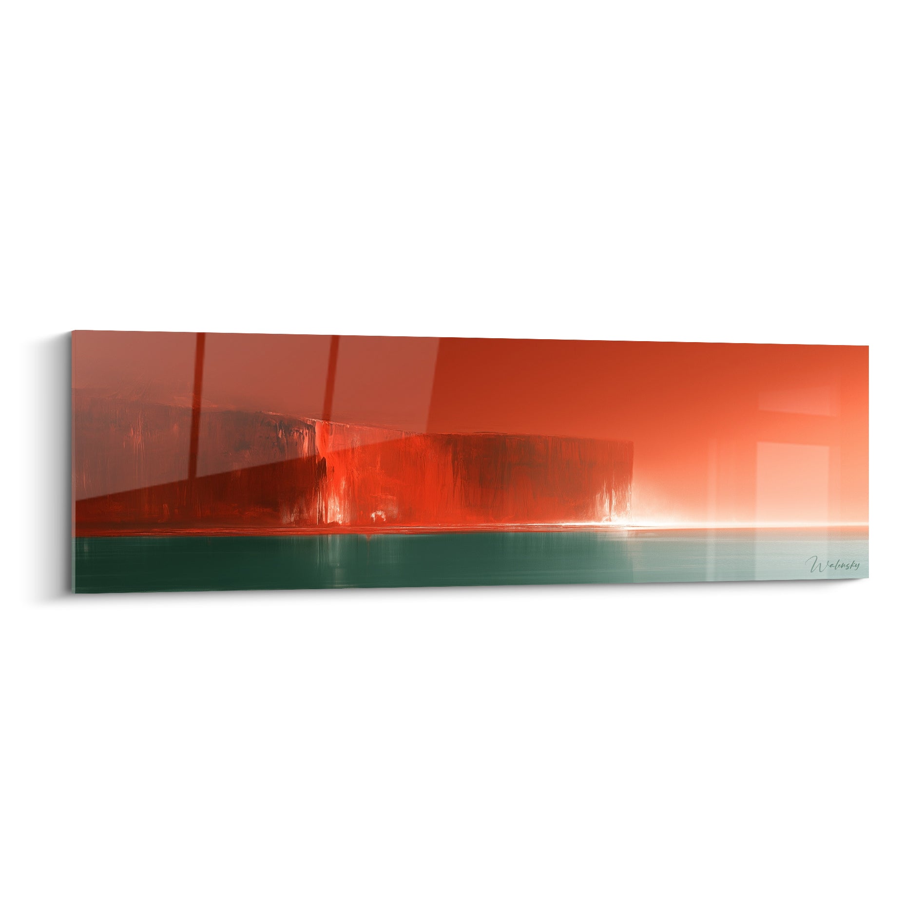 Horizon abstrait rouge terracotta et vert anthracite, empâtements sombres et lumière centrale diffuse