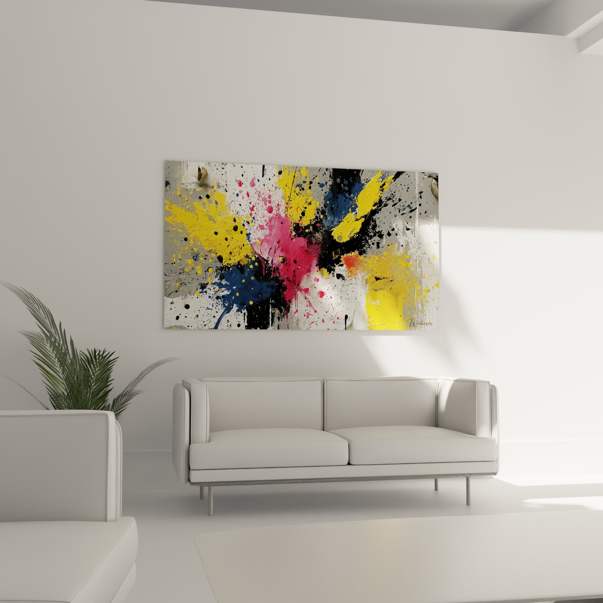 Touches denses de bleu marine et jaune moutarde, disposées au-dessus d'un canapé dans un salon lumineux