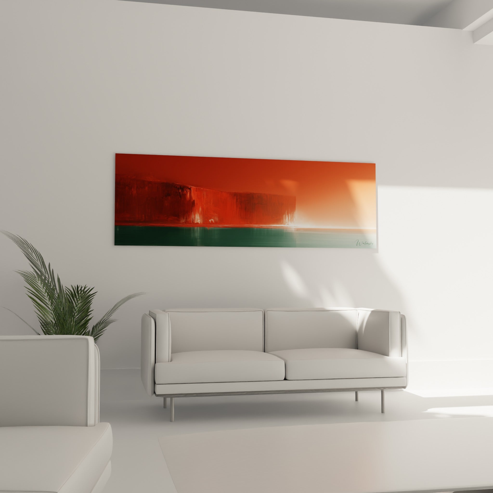 Ligne d'horizon rouge ardent et vert sombre, composition abstraite au-dessus d'un canapé dans un salon lumineux