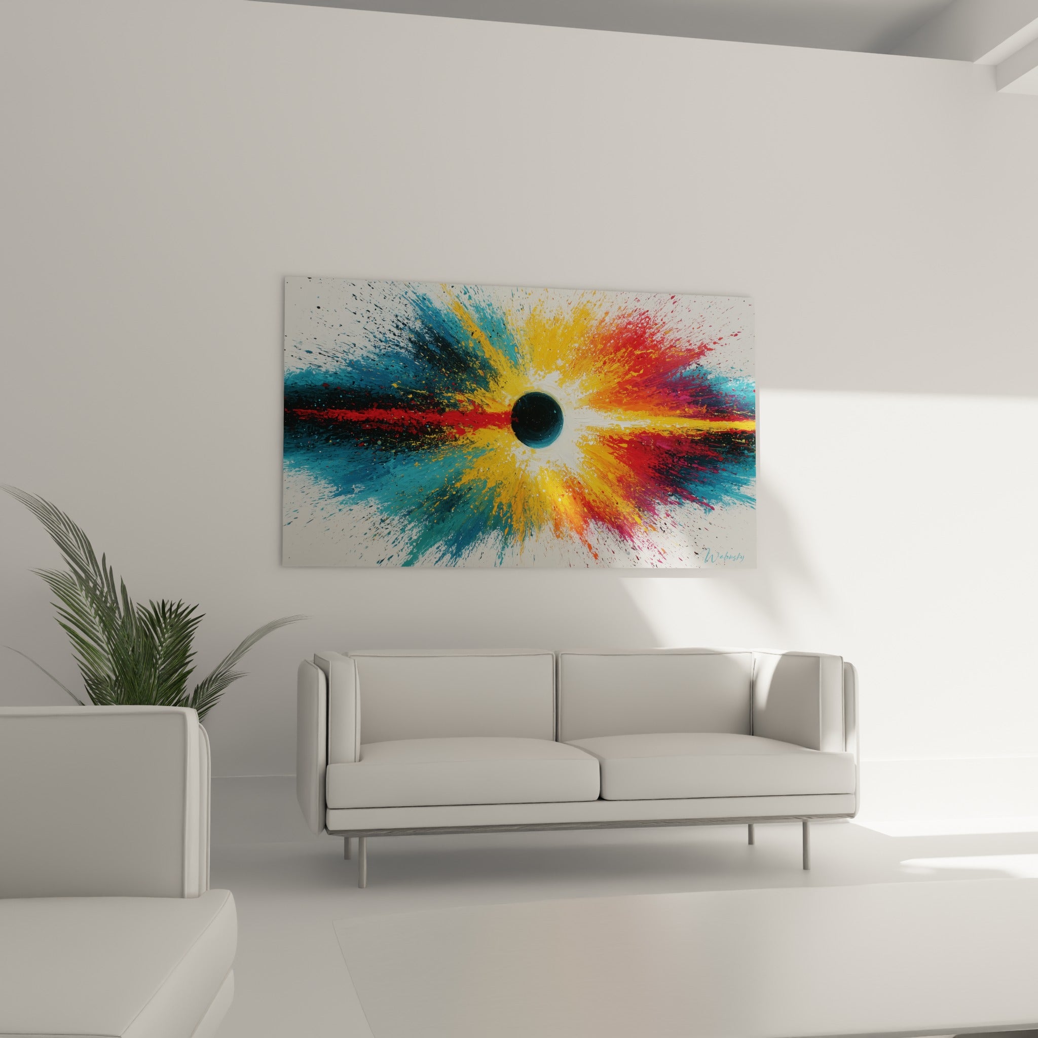 Déflagration colorée orange et bleu pétrole avec ligne rouge traversante, au-dessus d'un canapé dans un salon lumineux