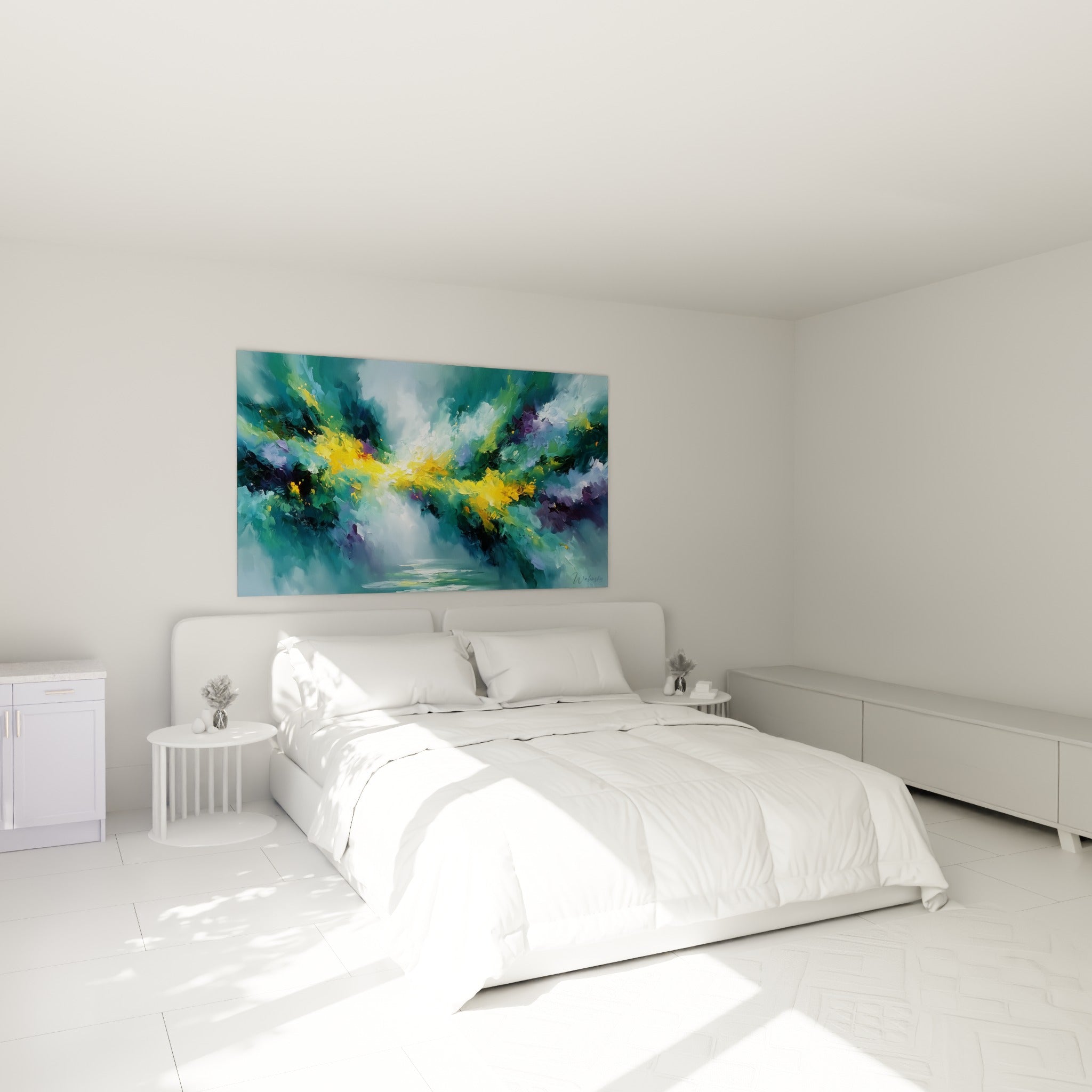 Explosion dorée sur fond turquoise et violet, tableau abstrait suspendu au-dessus d'un lit dans une chambre claire