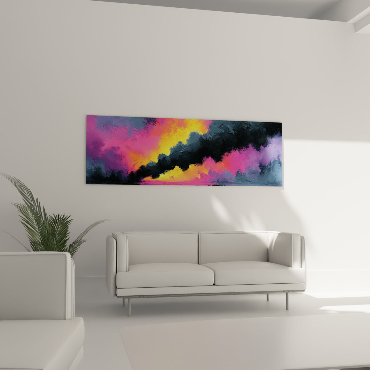 Lumière dorée perçant des nuages violets, tableau style Peinture abstrait au-dessus d'un canapé dans un salon lumineux