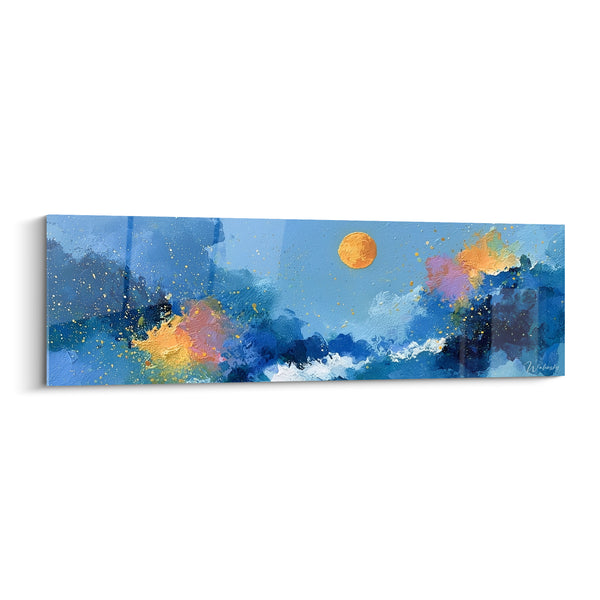 Tableau Lune orange sur vagues bleu marine - Veille nocturne - Edition style Peinture abstrait