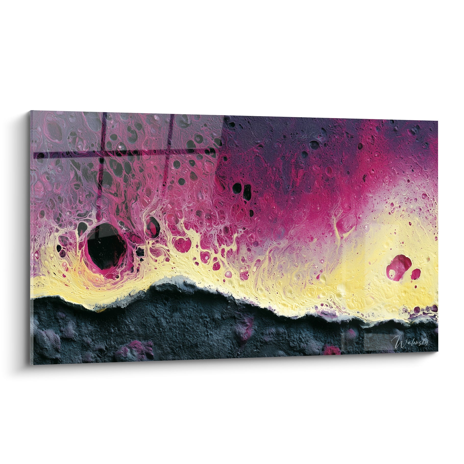 Coulures magenta et anthracite alvéolées, style Peinture abstrait aux textures organiques et ligne dorée