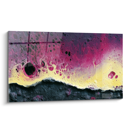 Coulures magenta et anthracite alvéolées, style Peinture abstrait aux textures organiques et ligne dorée