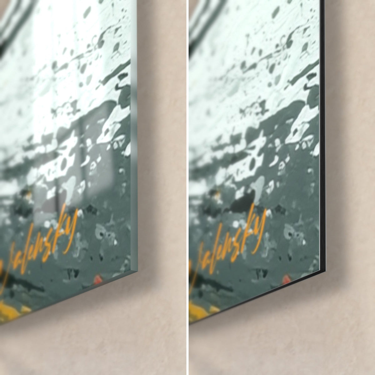 Wall art golden yellow star in abstract painting, bottom right corner: glossy glass on the left, matte black Dibond on the right