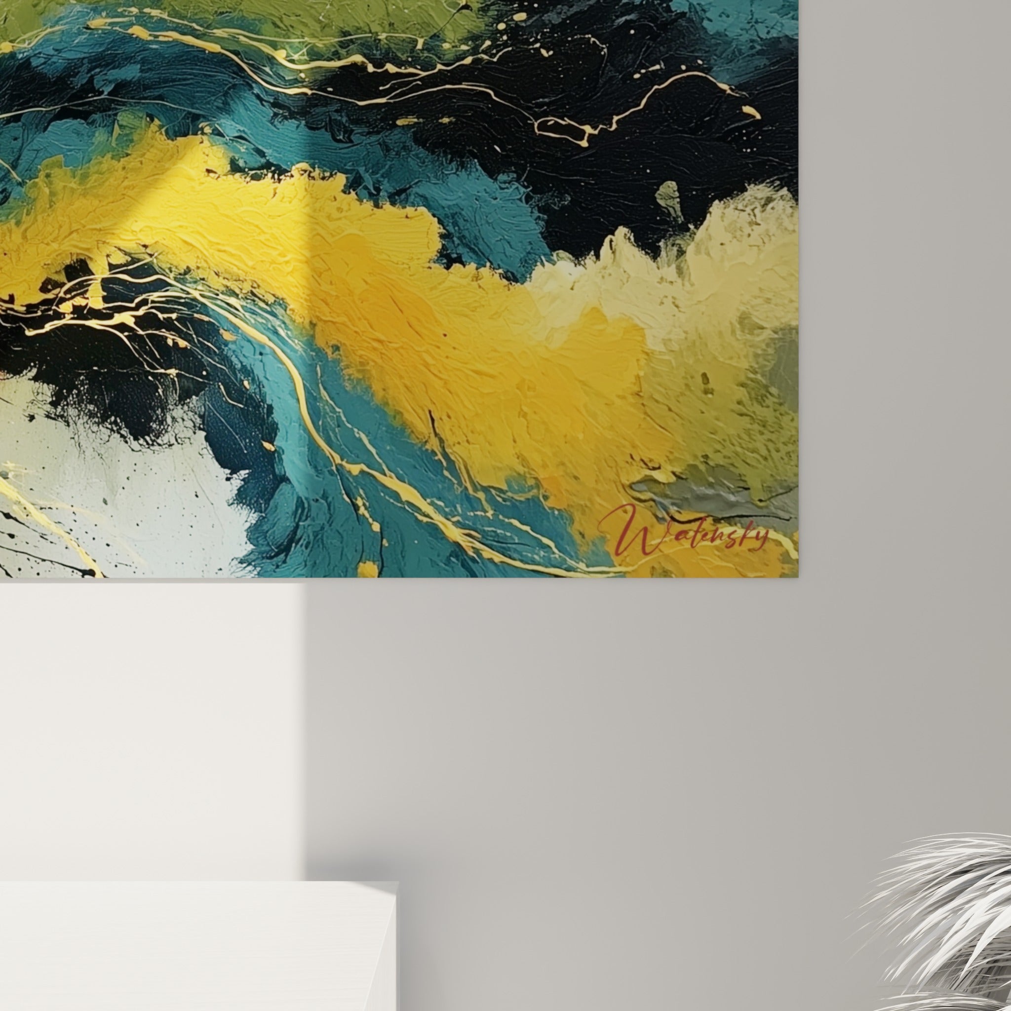 Empâtements épais mêlant jaune doré, bleu canard et coulures fines, matière picturale texturée et lumineuse