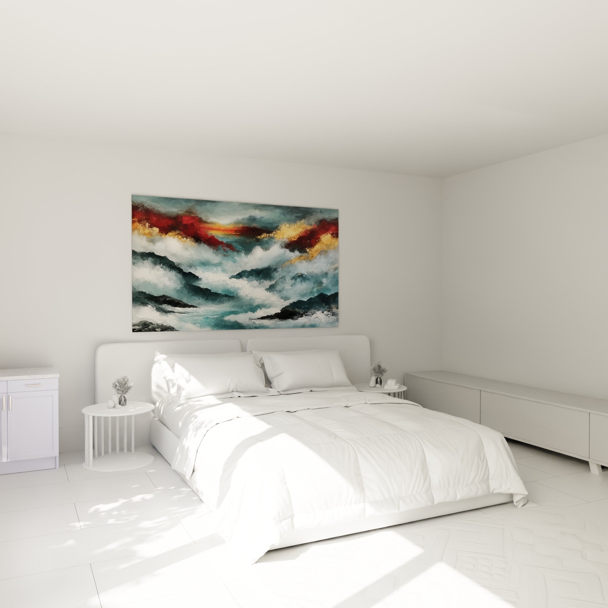 Mer déchaînée aux tons anthracite et rouge orangé accrochée au-dessus d'un lit dans une chambre claire