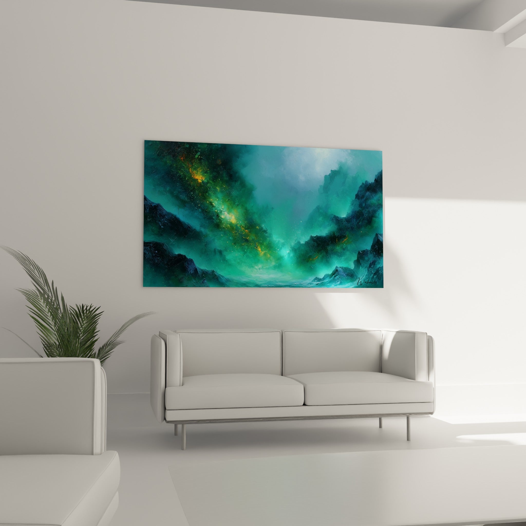 Paysage céleste bleu et doré du style Peinture abstrait, au-dessus d'un canapé dans un salon lumineux