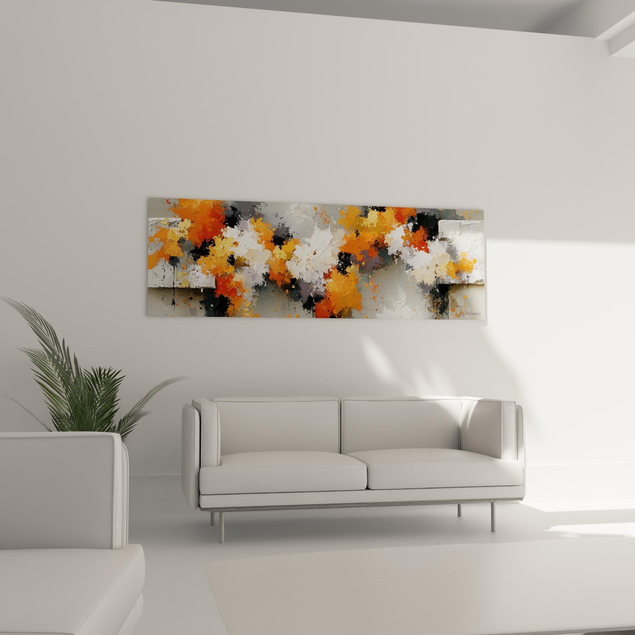 Mouvement pictural orange et gris d'une toile abstraite disposée au-dessus d'un canapé dans un salon lumineux