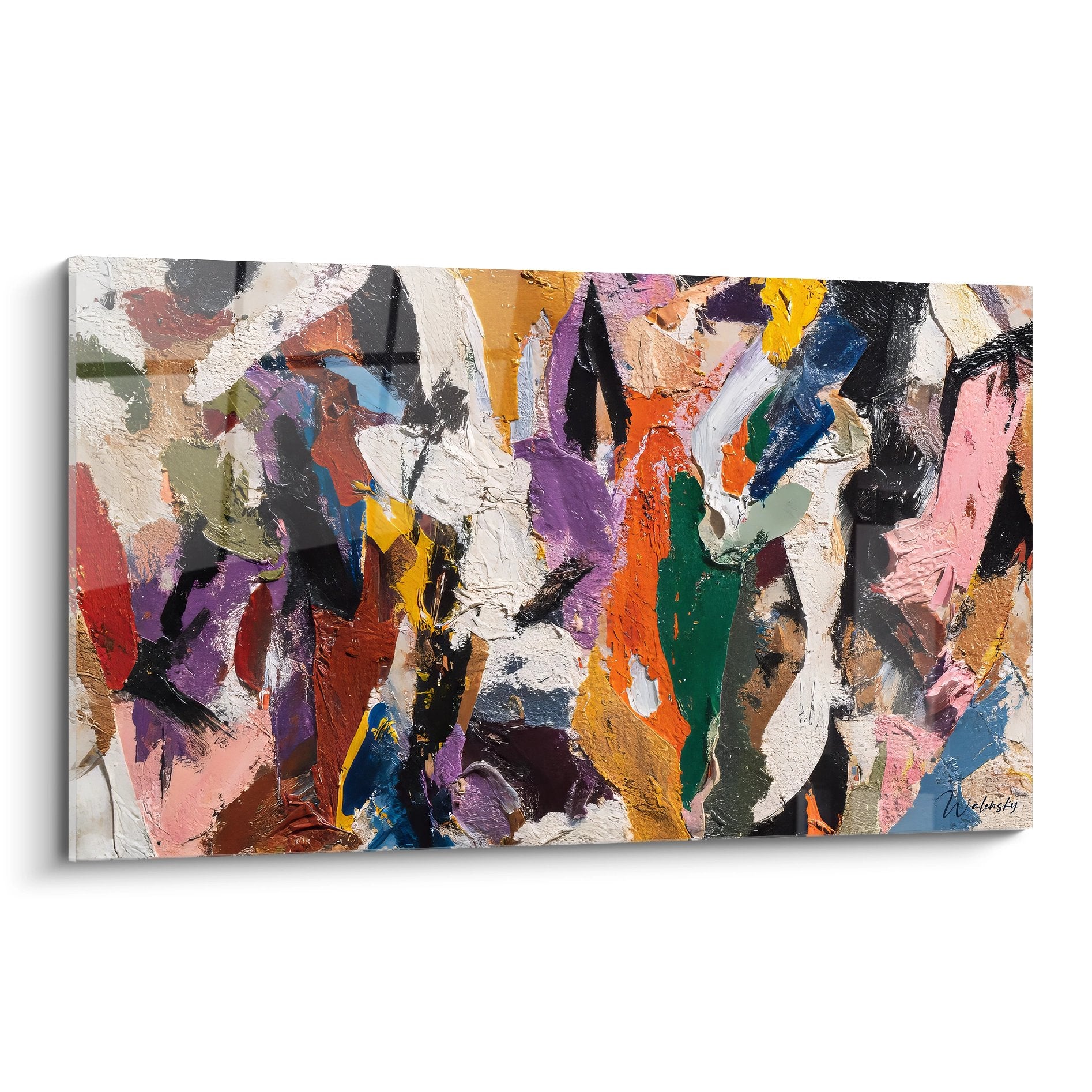 Tableau peinture abstraite multicolore avec empâtements expressifs aux tons vifs et contrastés
