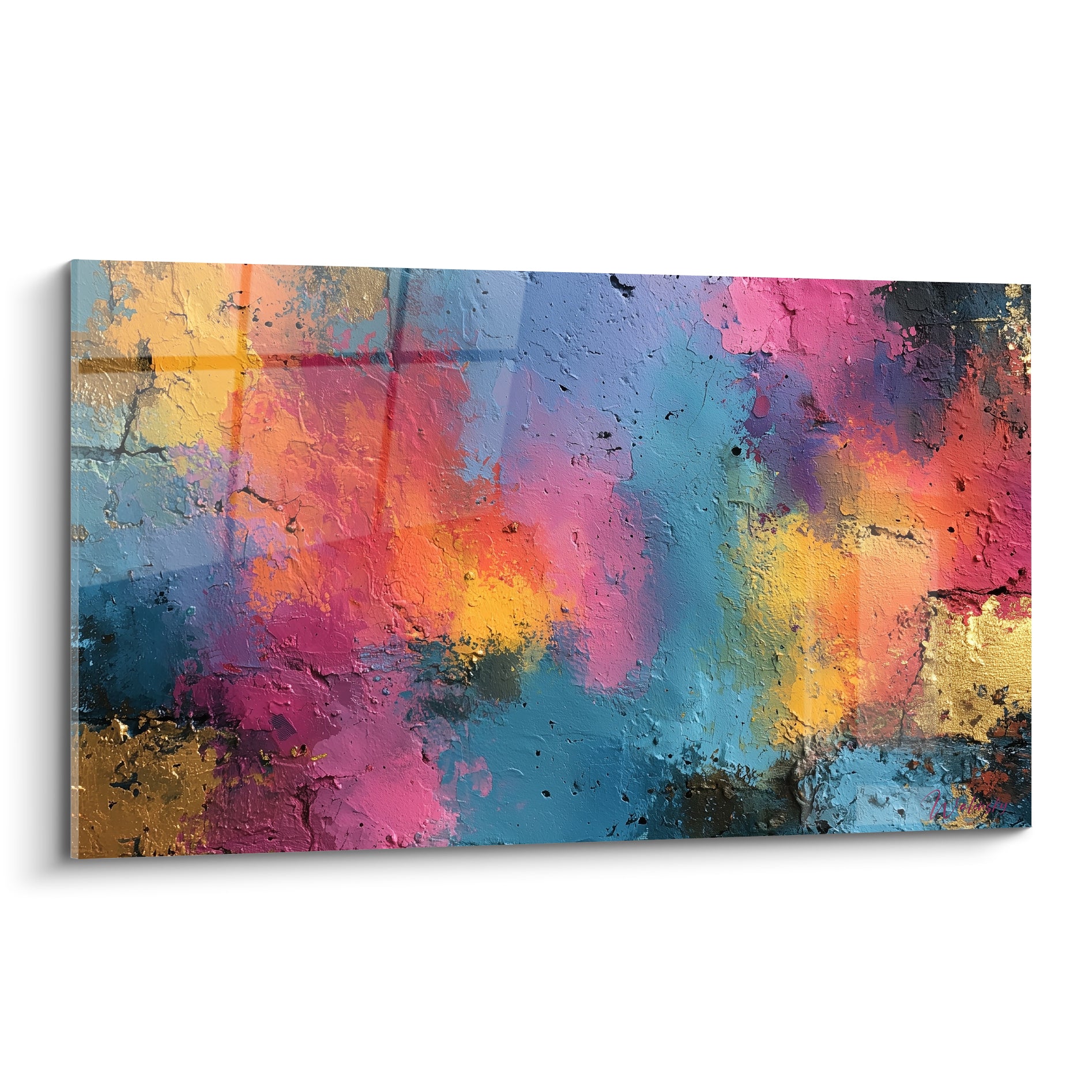 Mur texturé bleu marine et rose fuchsia strié d'éclats dorés en peinture abstraite épaisse