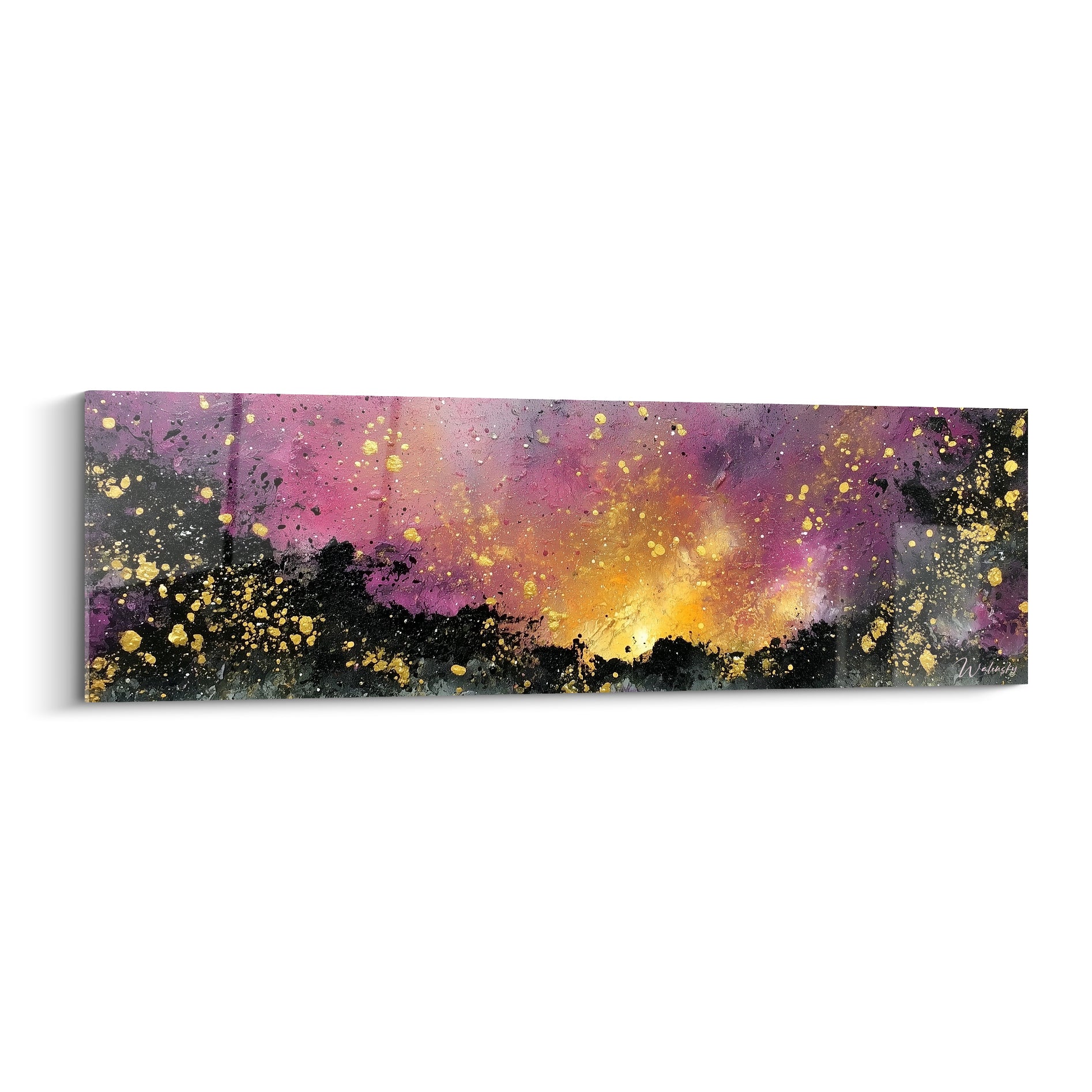 Nébuleuse abstraite violette et dorée avec éclaboussures lumineuses sur fond anthracite