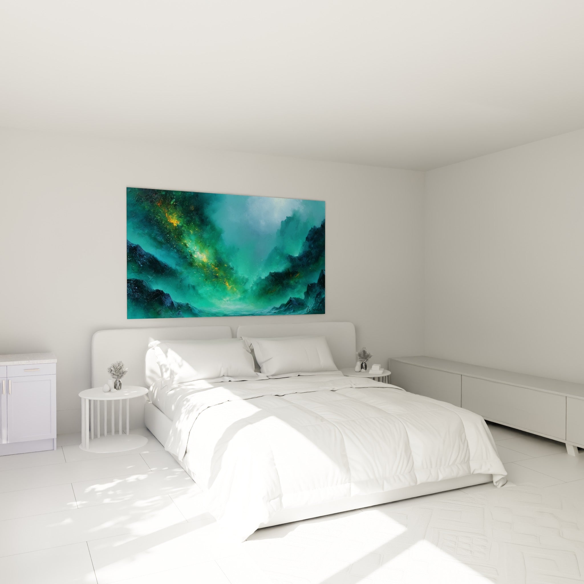 Nébuleuse turquoise et or du style Peinture abstrait, au-dessus d'un lit dans une chambre claire