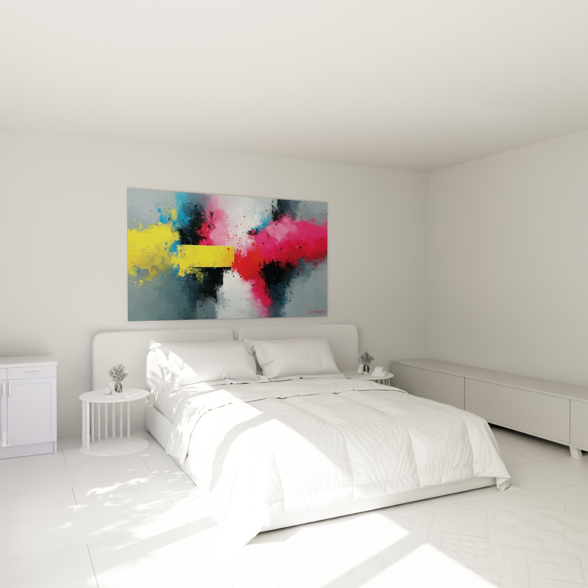 Nuage coloré jaune et rose fuchsia éclatant sur gris, accroché au-dessus d'un lit dans une chambre claire