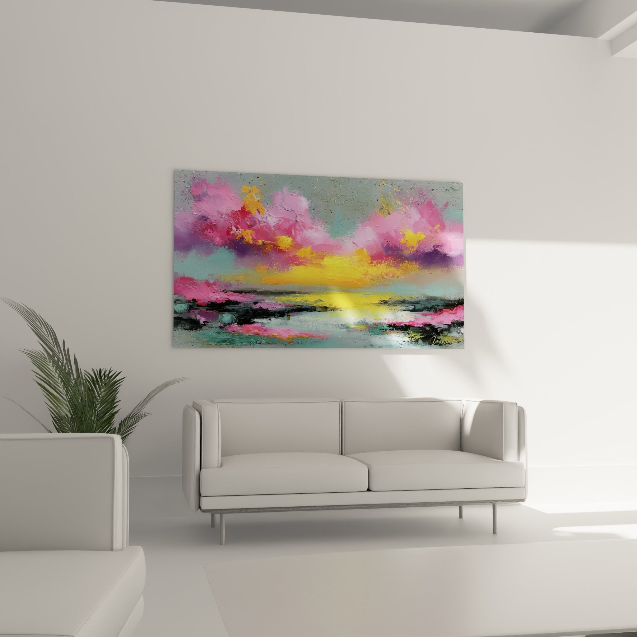 Nuages dorés et roses en relief pictural, suspendus au-dessus d'un canapé dans un salon lumineux
