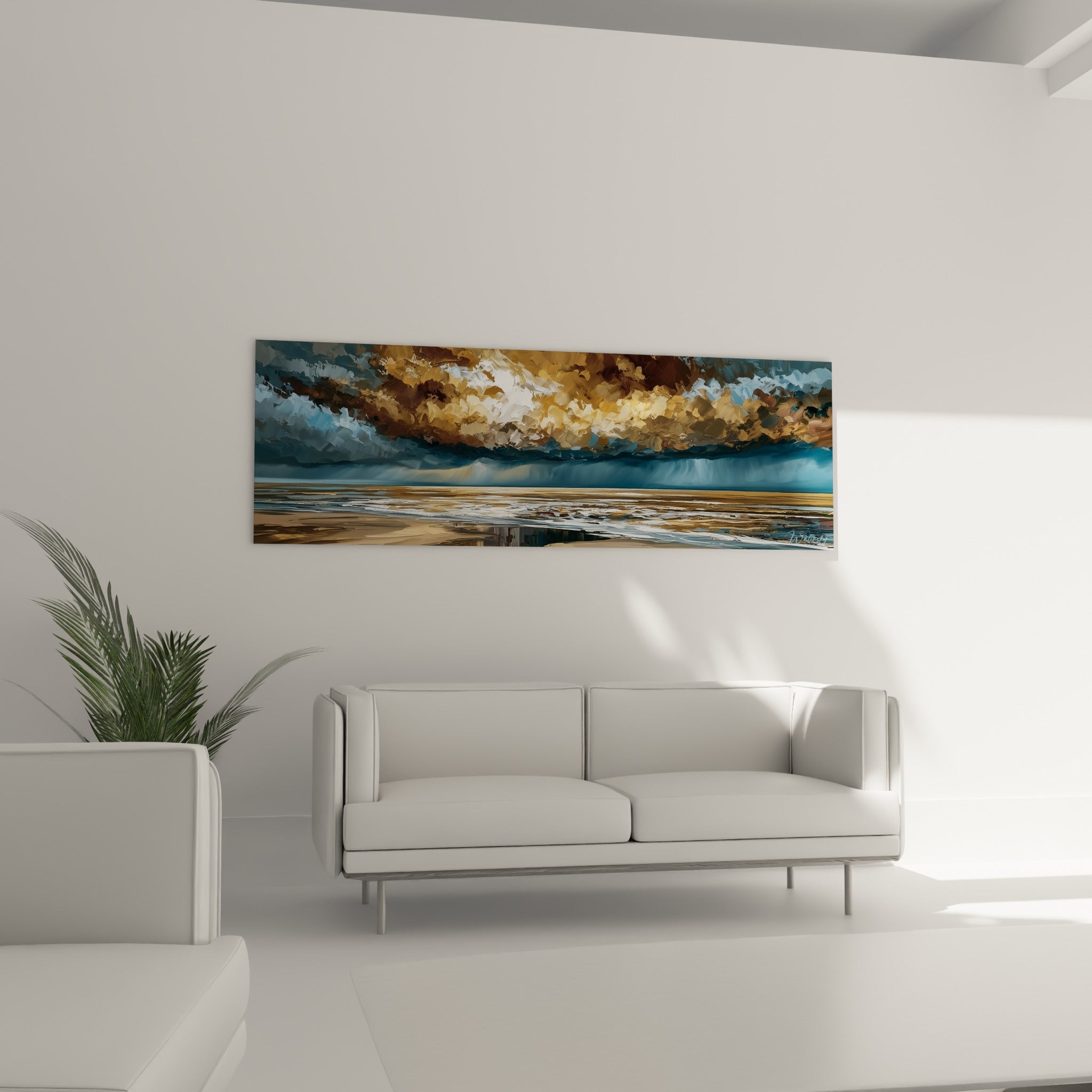 Ciel tourmenté ocre et bleu marine traversé de lumière blanche, au-dessus d'un canapé dans un salon lumineux