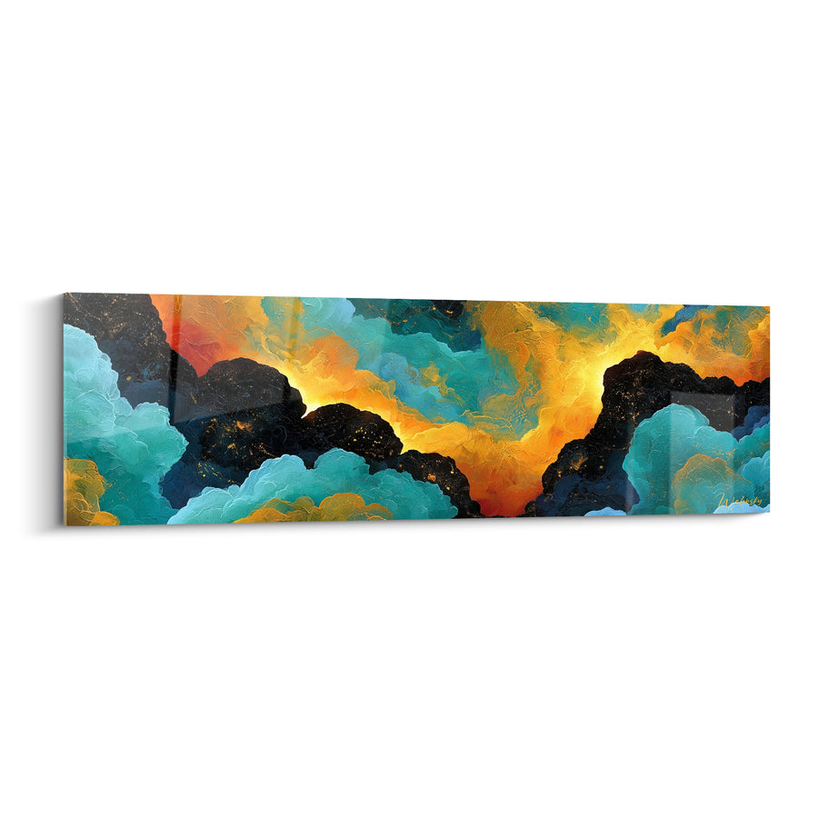 Tableau Nuages turquoise et doré aux reflets anthracite - Brèche céleste - Edition style Peinture abstrait