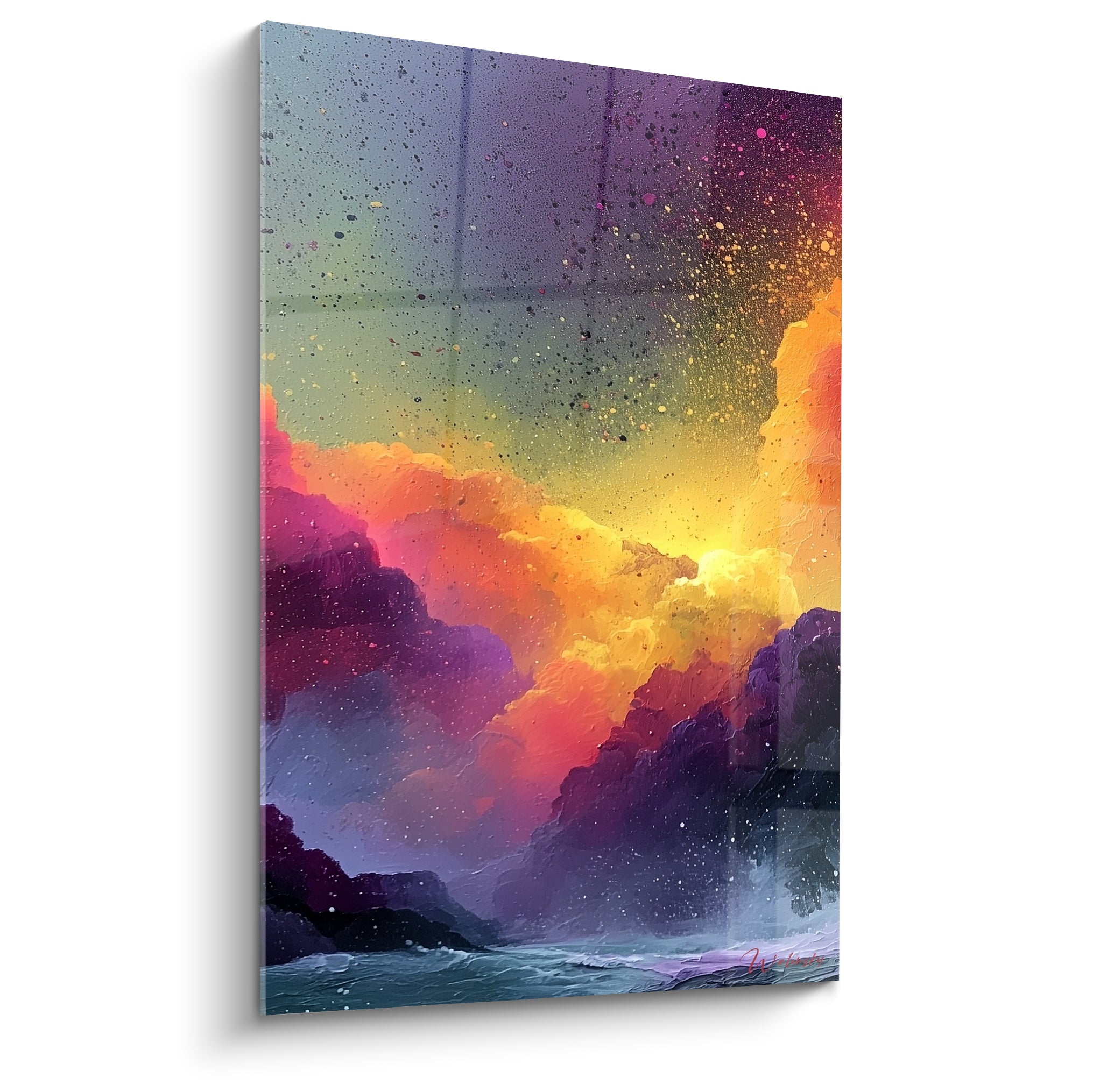 Nuages violets et orangés en fusion sur toile abstraite texturée aux éclats dorés