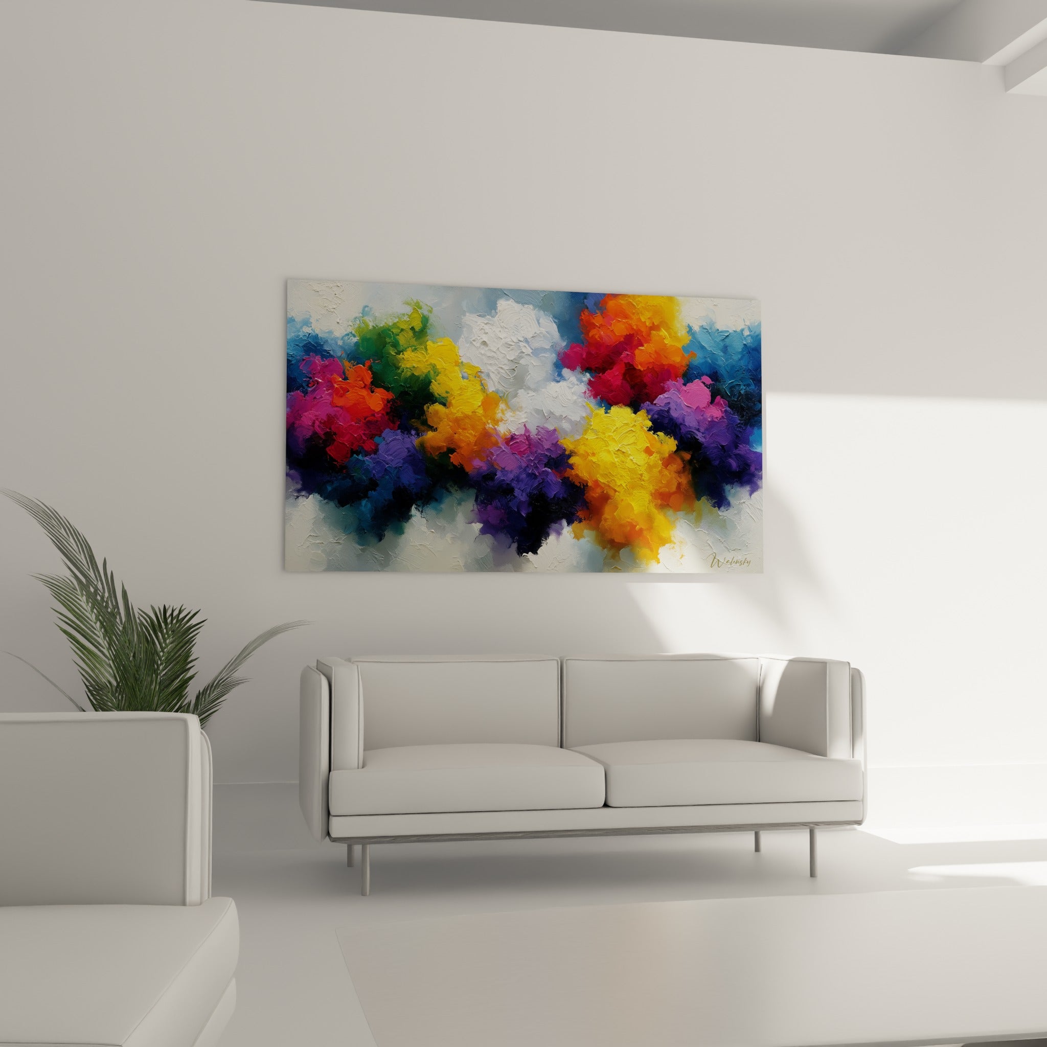 Nuées florales violettes et orange vif en peinture texturée, disposées au-dessus d'un canapé dans un salon lumineux