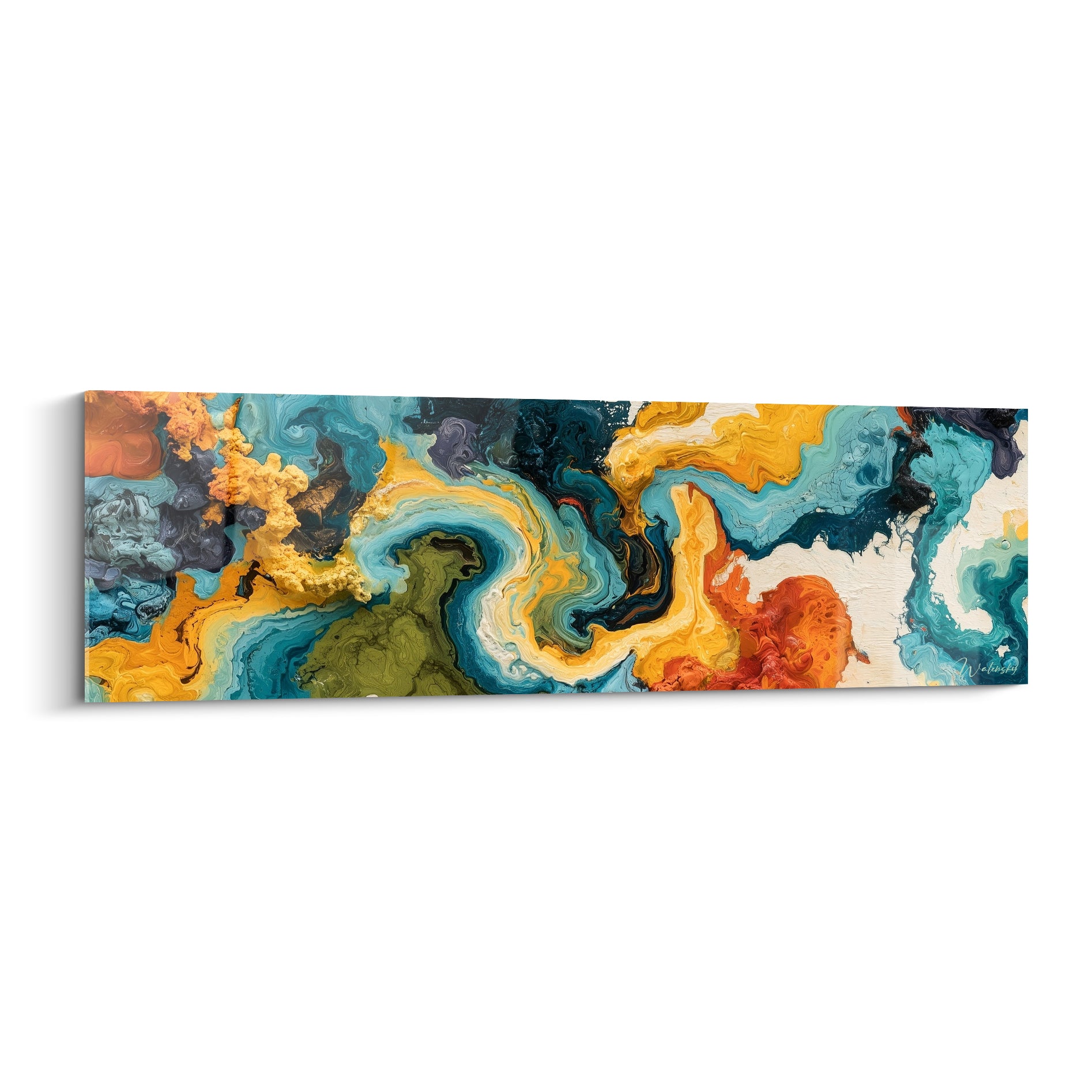 Tableau abstrait aux coulées ocre, bleu pétrole et terracotta en mouvement fluide sur toile