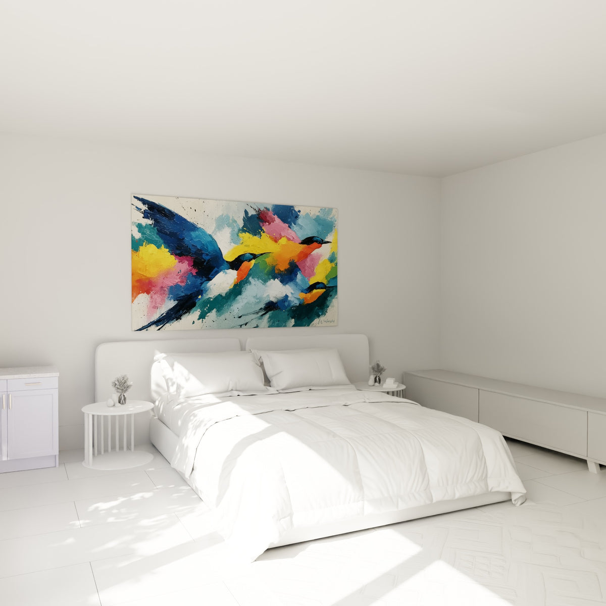Oiseaux colorés jaune et rose déployant leurs ailes au-dessus d'un lit dans une chambre claire