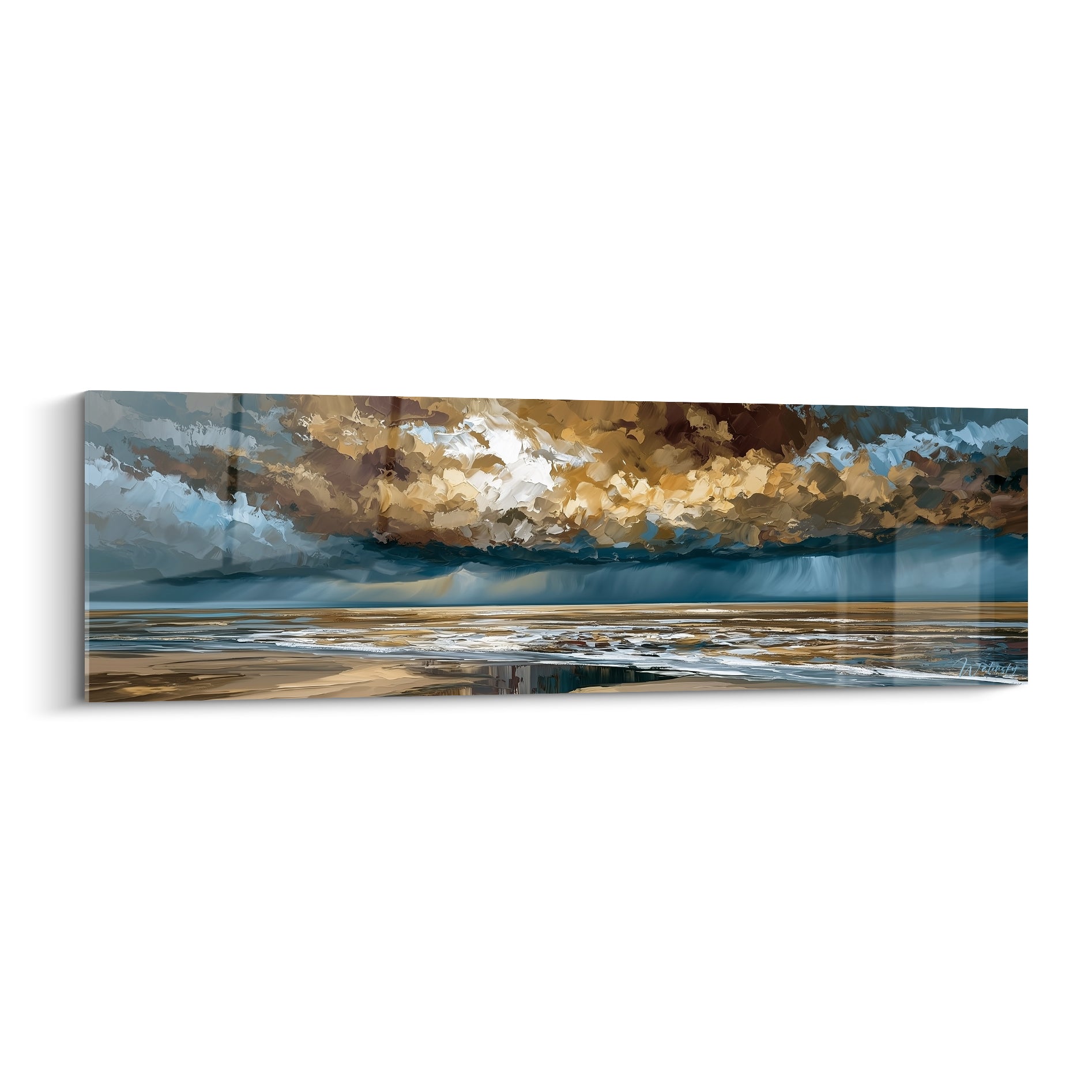 Orage doré et bleu marine balayant un littoral, larges empâtements picturaux et lumière filtrée