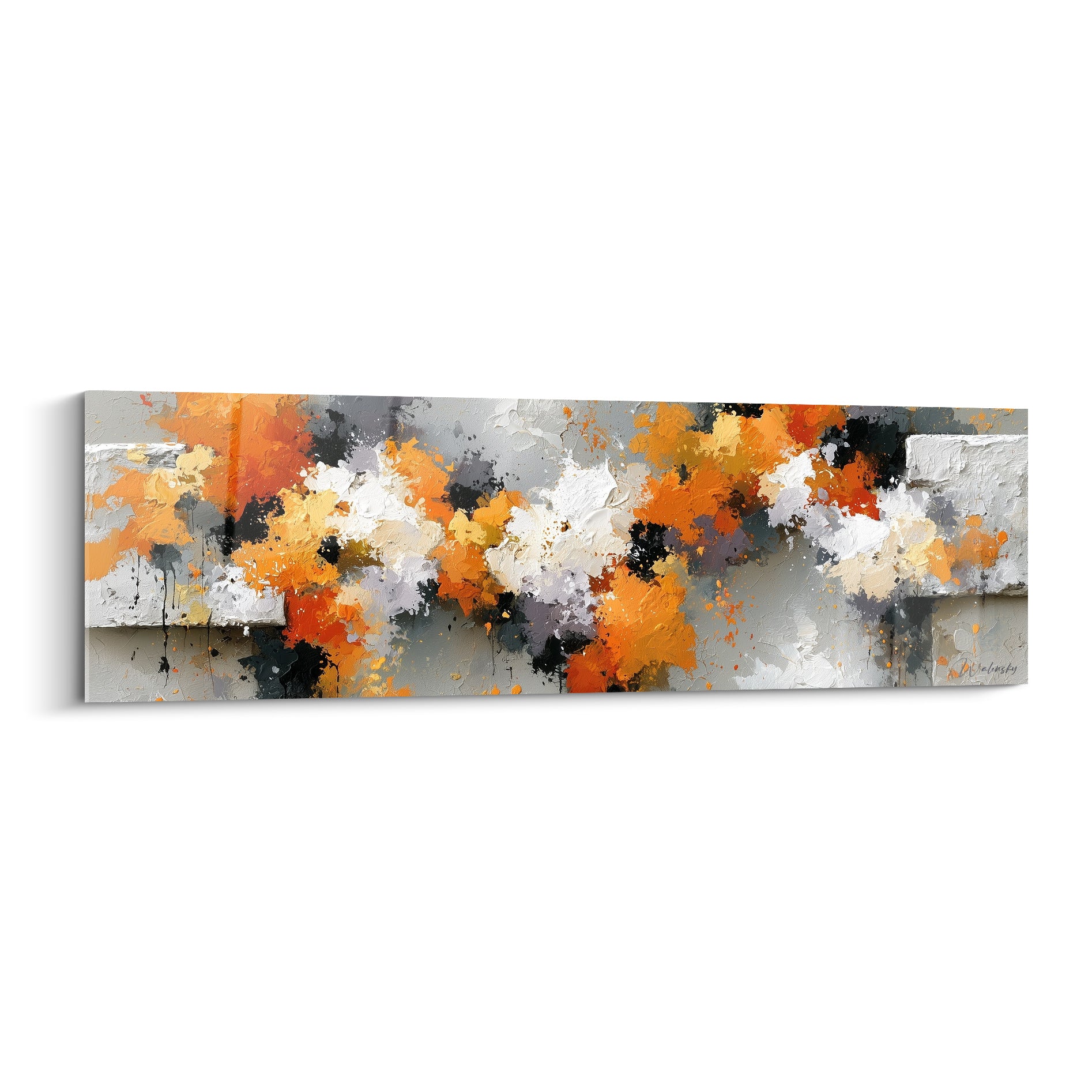 Éclats orange et anthracite d'un tableau style Peinture abstrait sur fond gris texturé