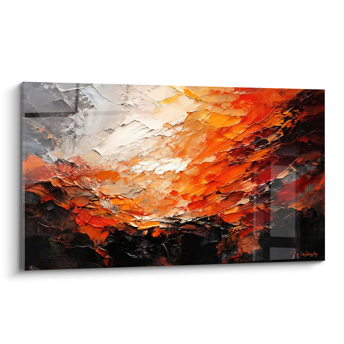 Tableau abstrait orange et anthracite aux empâtements texturés façon brasier figé