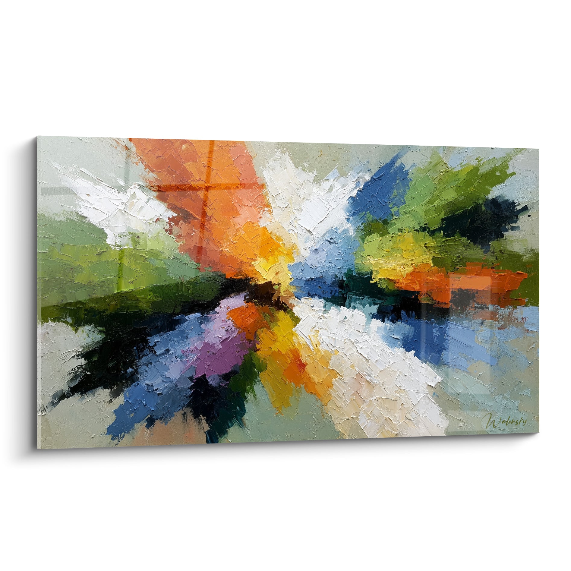 Éclatement radial orange, bleu marine et vert sauge peint au couteau sur toile abstraite