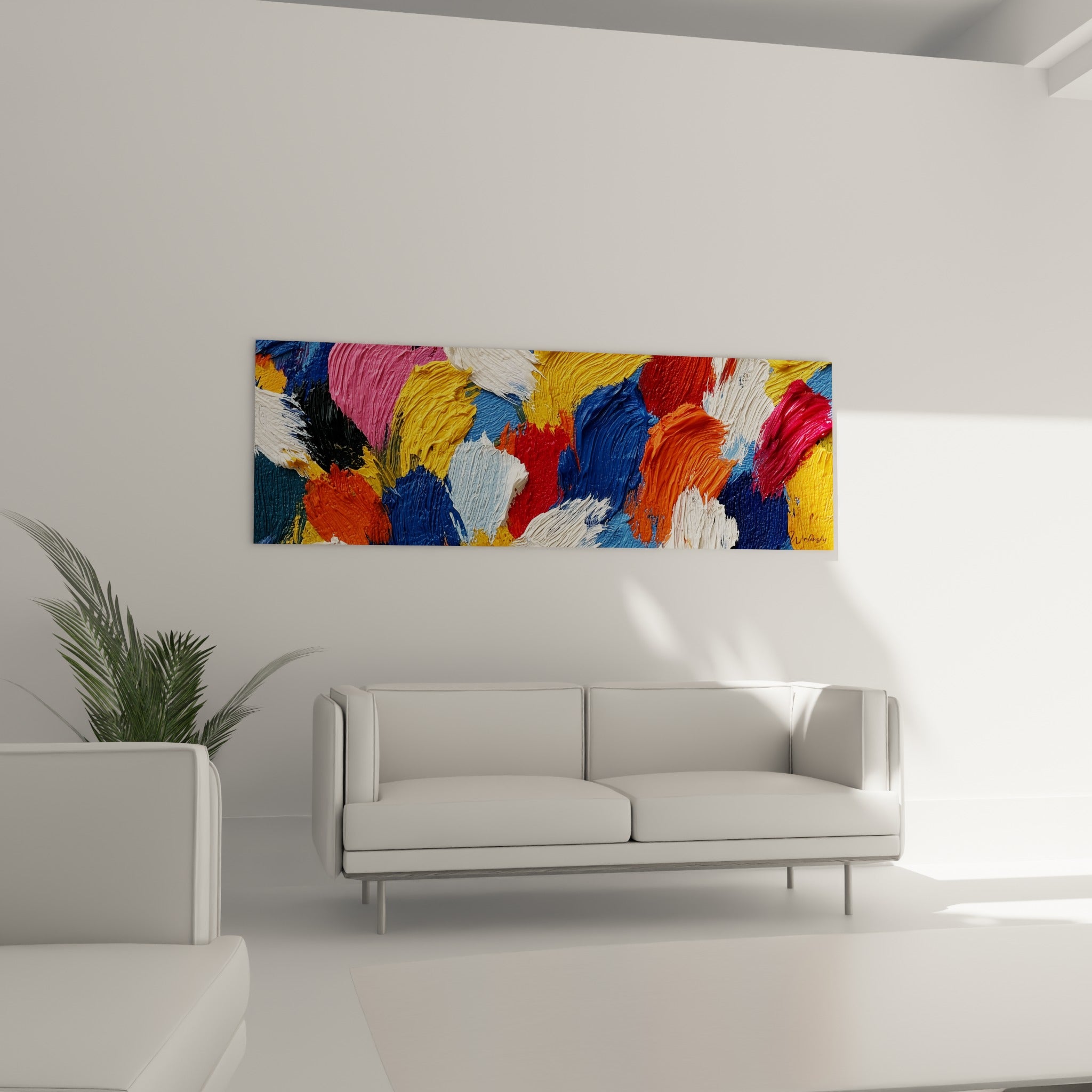 Palette dense en jaune moutarde et orange terracotta anime ce tableau abstrait au-dessus d'un canapé dans un salon lumineux