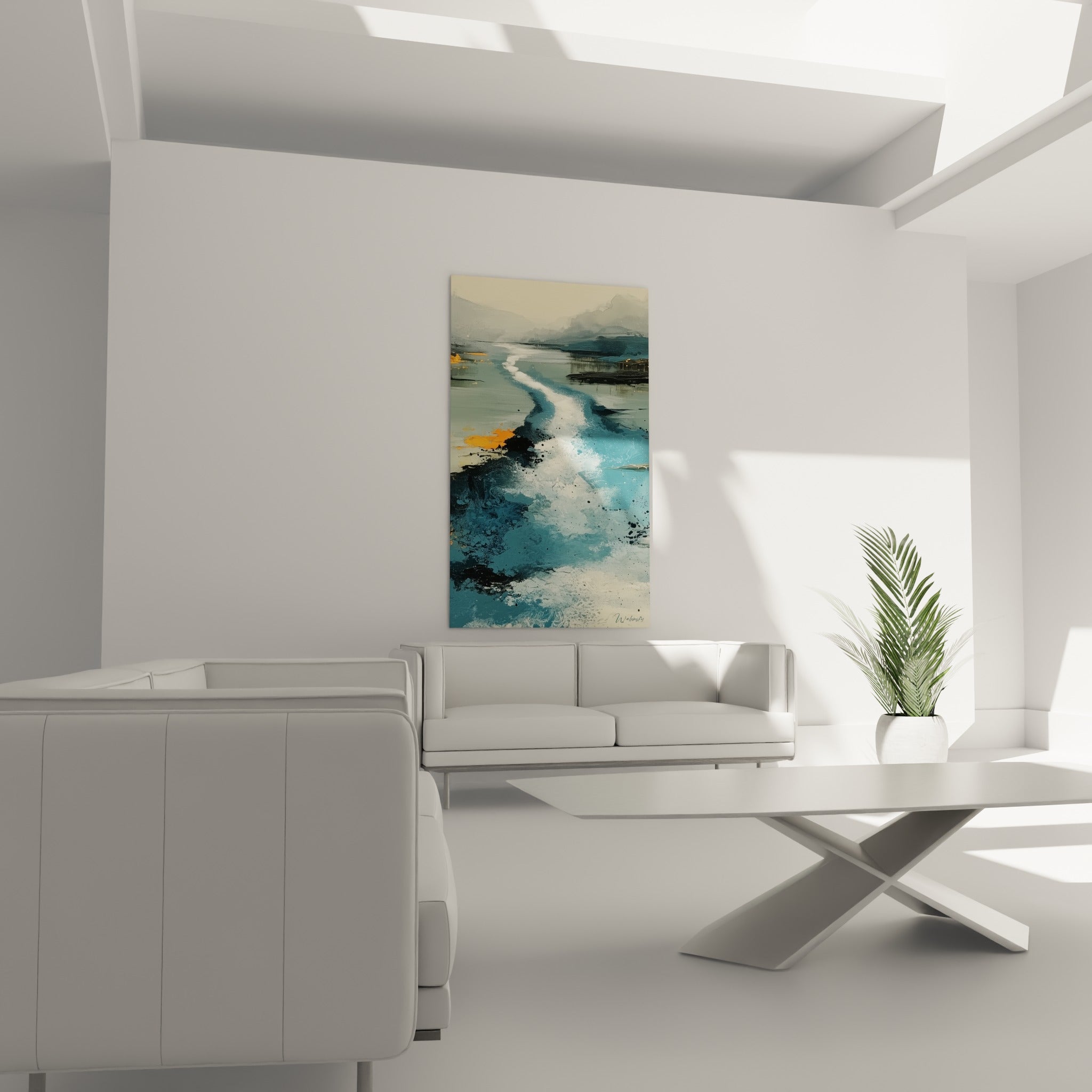 Cours d'eau sinueux aux tons bleu pastel et ocre, au-dessus d'un canapé dans un salon lumineux