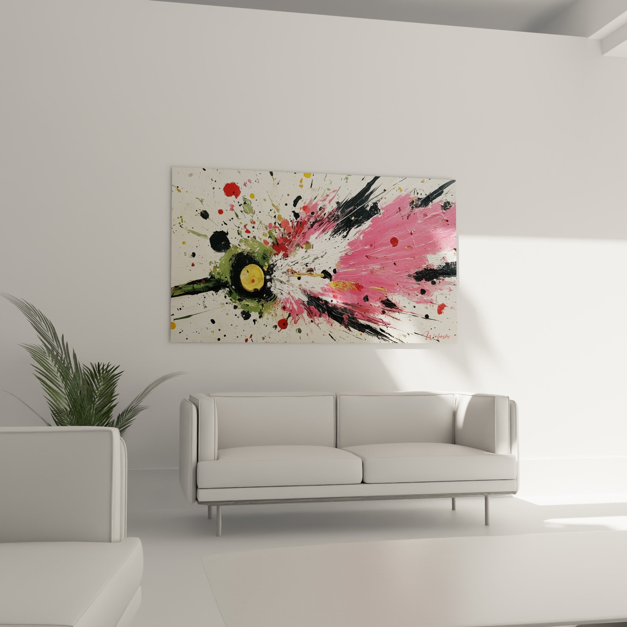 Projections vives de rose et de noir depuis un cœur vert olive, disposées au-dessus d'un canapé dans un salon lumineux
