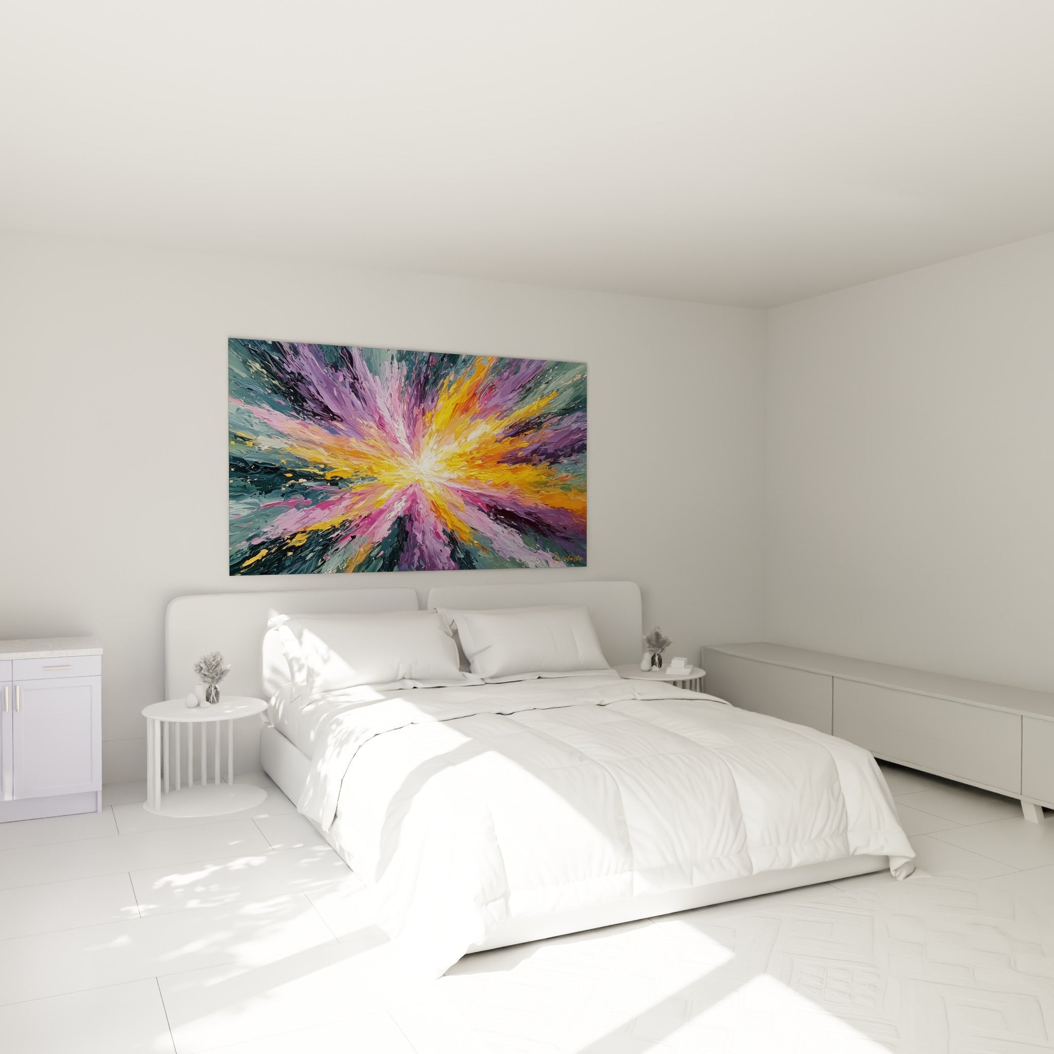 Rayons dorés et roses jaillissant d'un centre blanc, tableau accroché au-dessus d'un lit dans une chambre claire