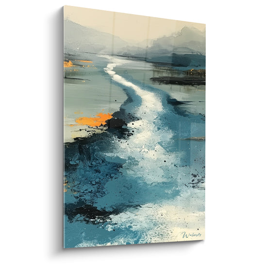 Tableau Rivière bleu et blanc entre collines brumeuses - Voyage silencieux - Edition style Peinture abstrait