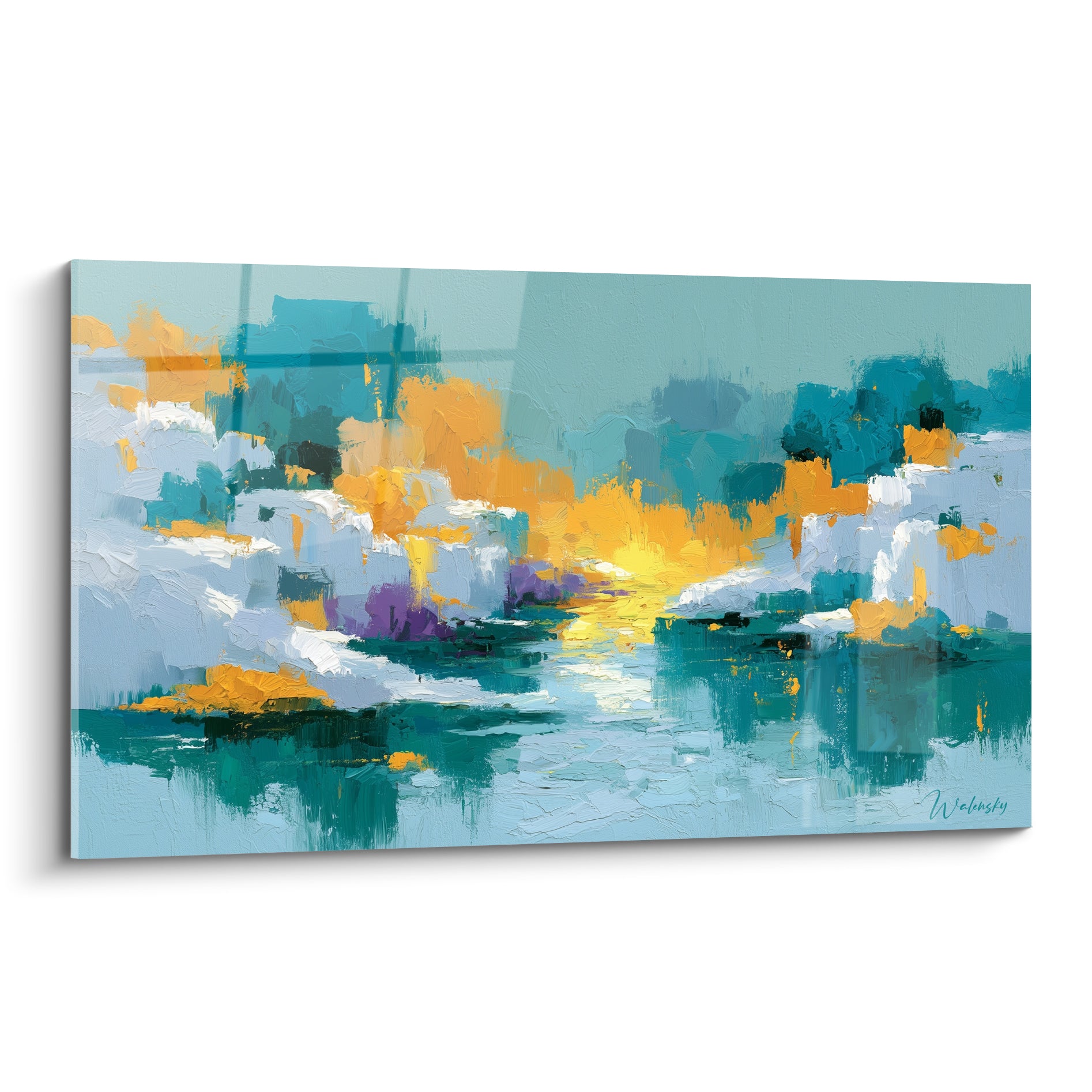 Rivière abstraite turquoise et dorée, soleil central, empâtements épais au couteau