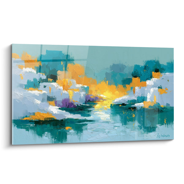 Tableau Rivière lumineuse aux touches turquoise et dorées - Éveil sur l'eau - Edition style Peinture abstrait