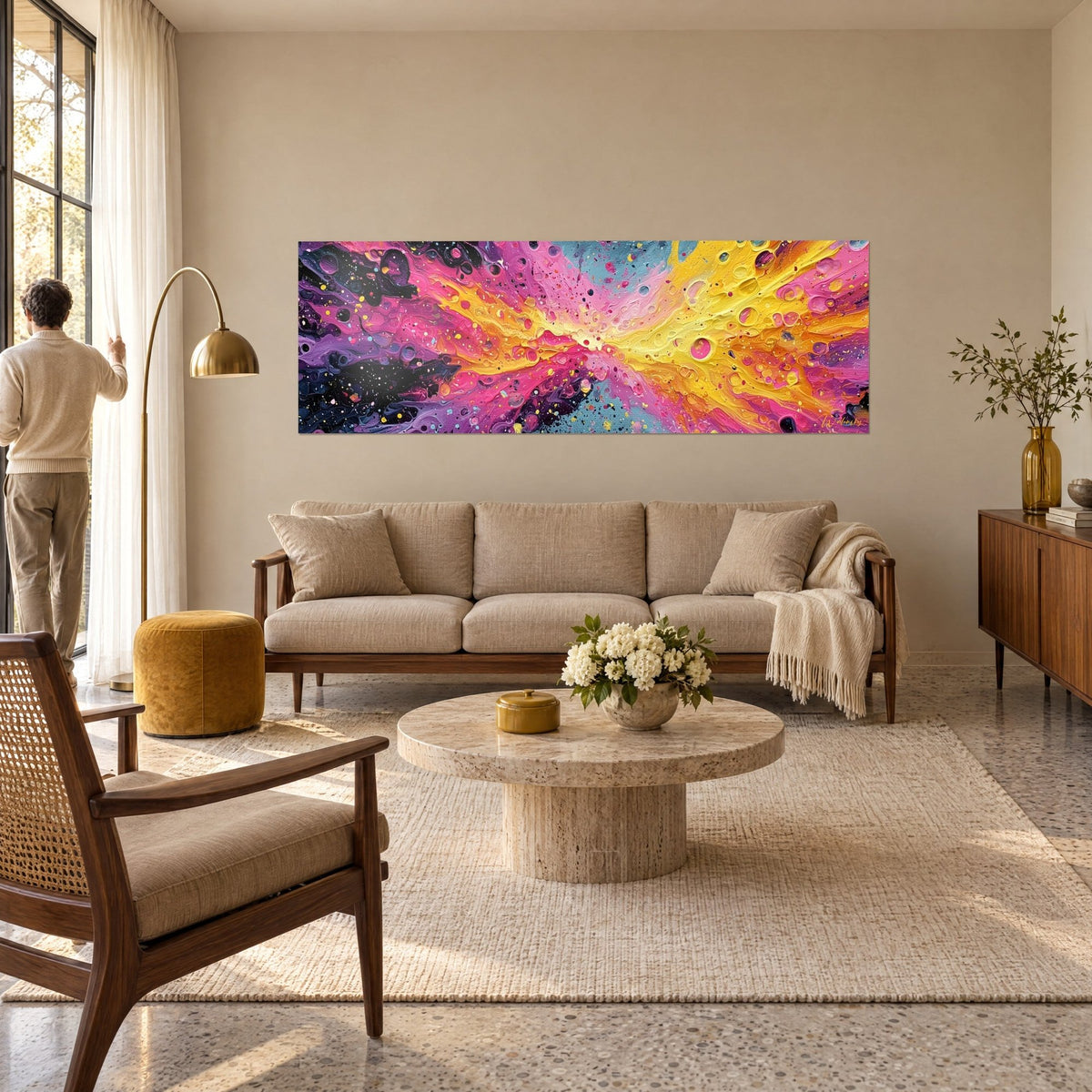 Quadro schizzi fucsia e giallo sole, esplosione di colore denso e bolle, appeso sopra un divano in un soggiorno luminoso