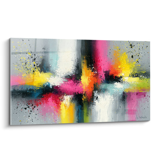 Éclaboussures roses et jaunes sur fond gris, style peinture abstrait aux coulures anthracite.