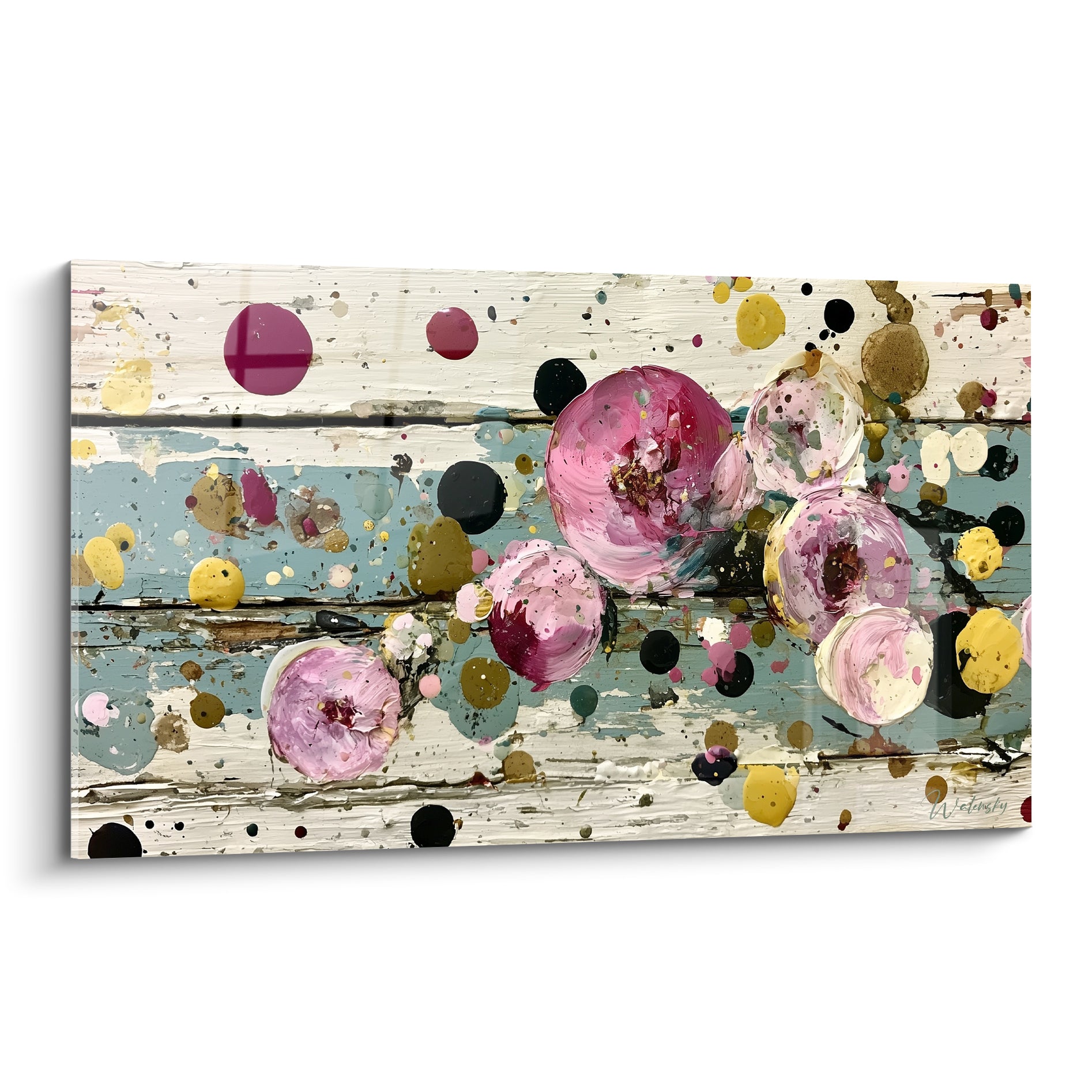 Fleurs roses et magenta épanouies sur fond bleu pastel et ivoire écaillé, style Peinture abstrait