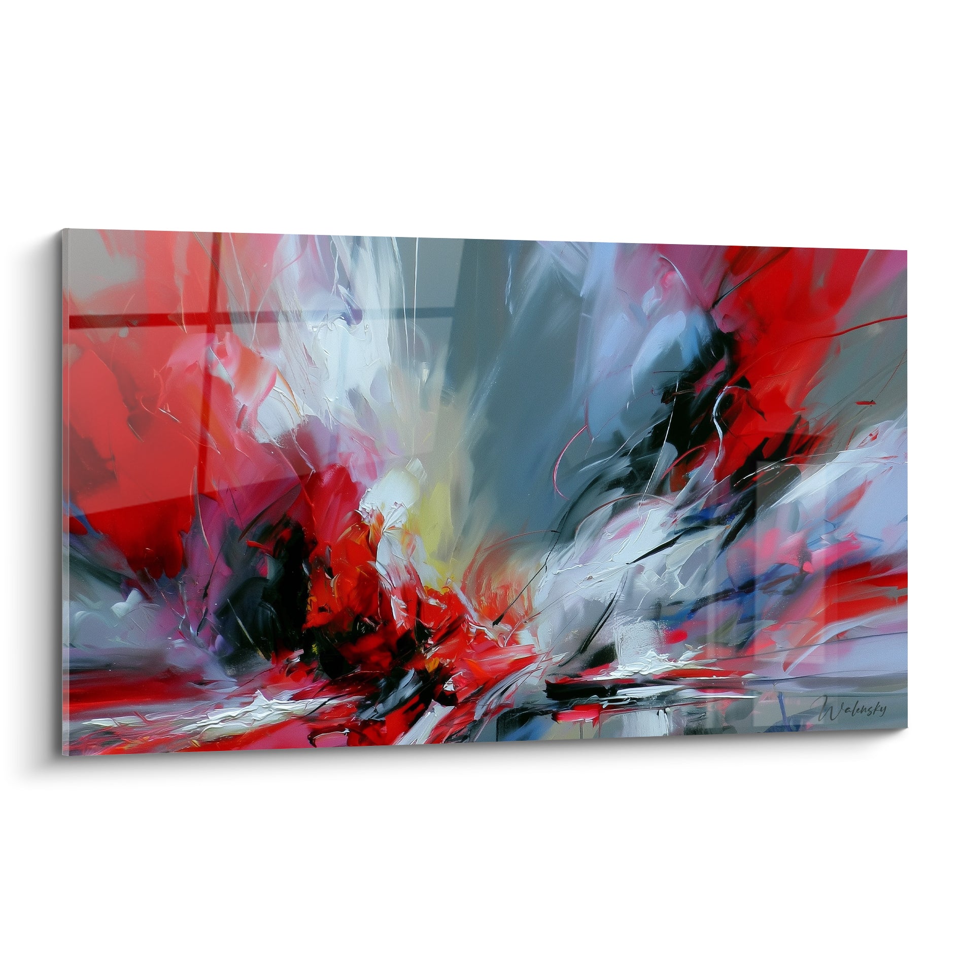Explosion de rouge écarlate et gris perle en style peinture abstrait, coulures noires spontanées