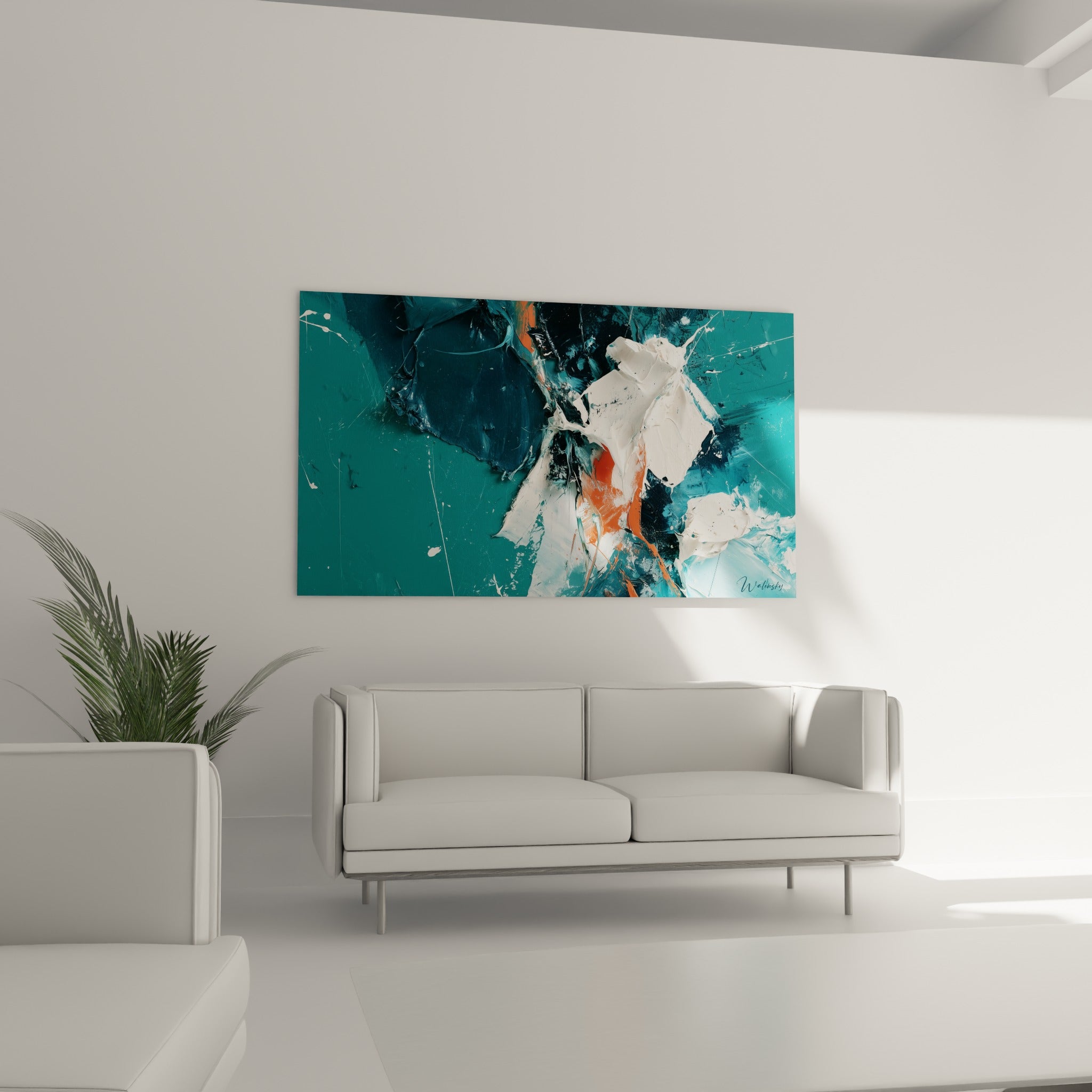 Filets terracotta et éclats blancs sur fond anthracite, tableau style peinture abstrait au-dessus d'un canapé dans un salon lumineux
