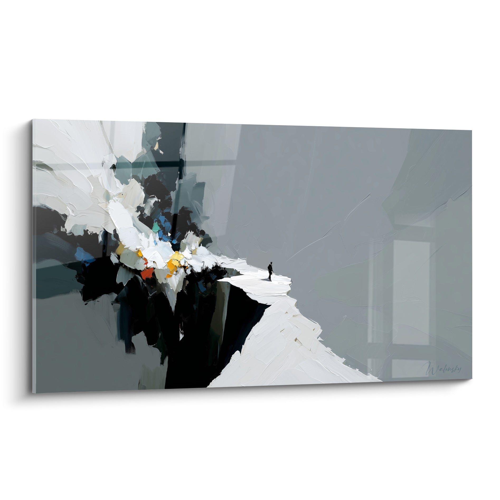 Silhouette noire debout sur une arête blanche épaisse, tableau style Peinture abstrait gris anthracite